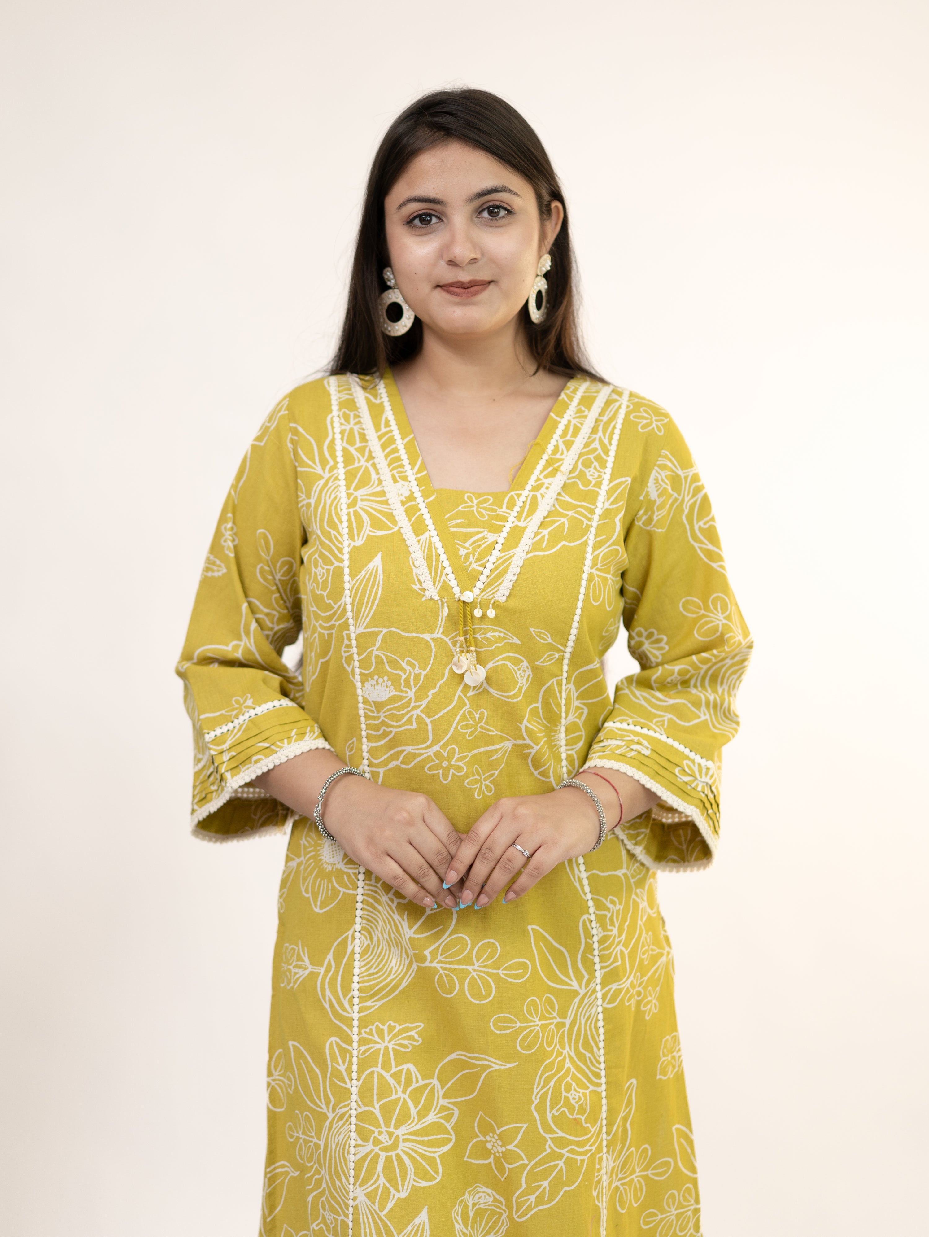 Inayat Yellow Cotton Lace Deatialed A-line Kurta Set