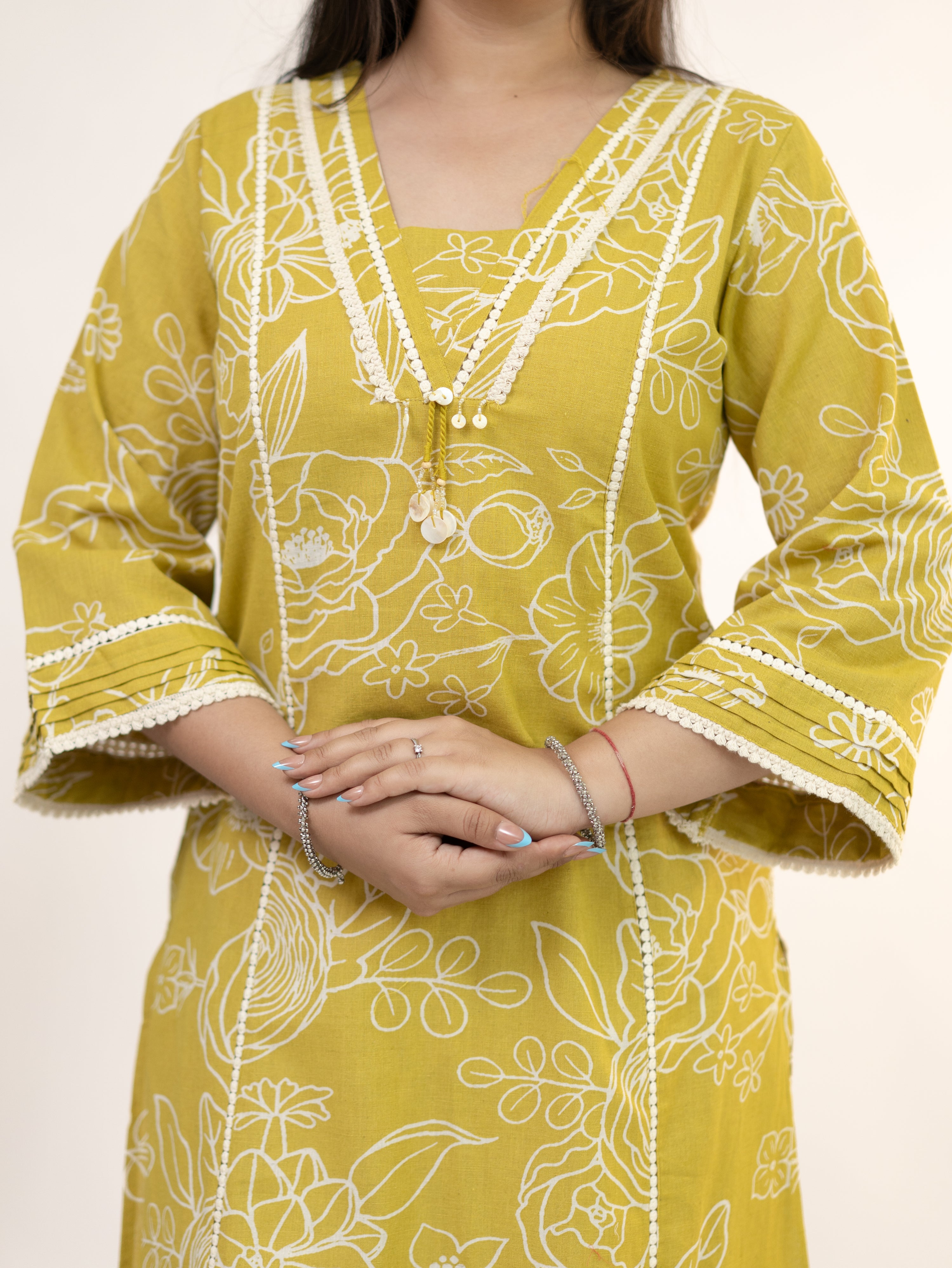 Inayat Yellow Cotton Lace Deatialed A-line Kurta Set