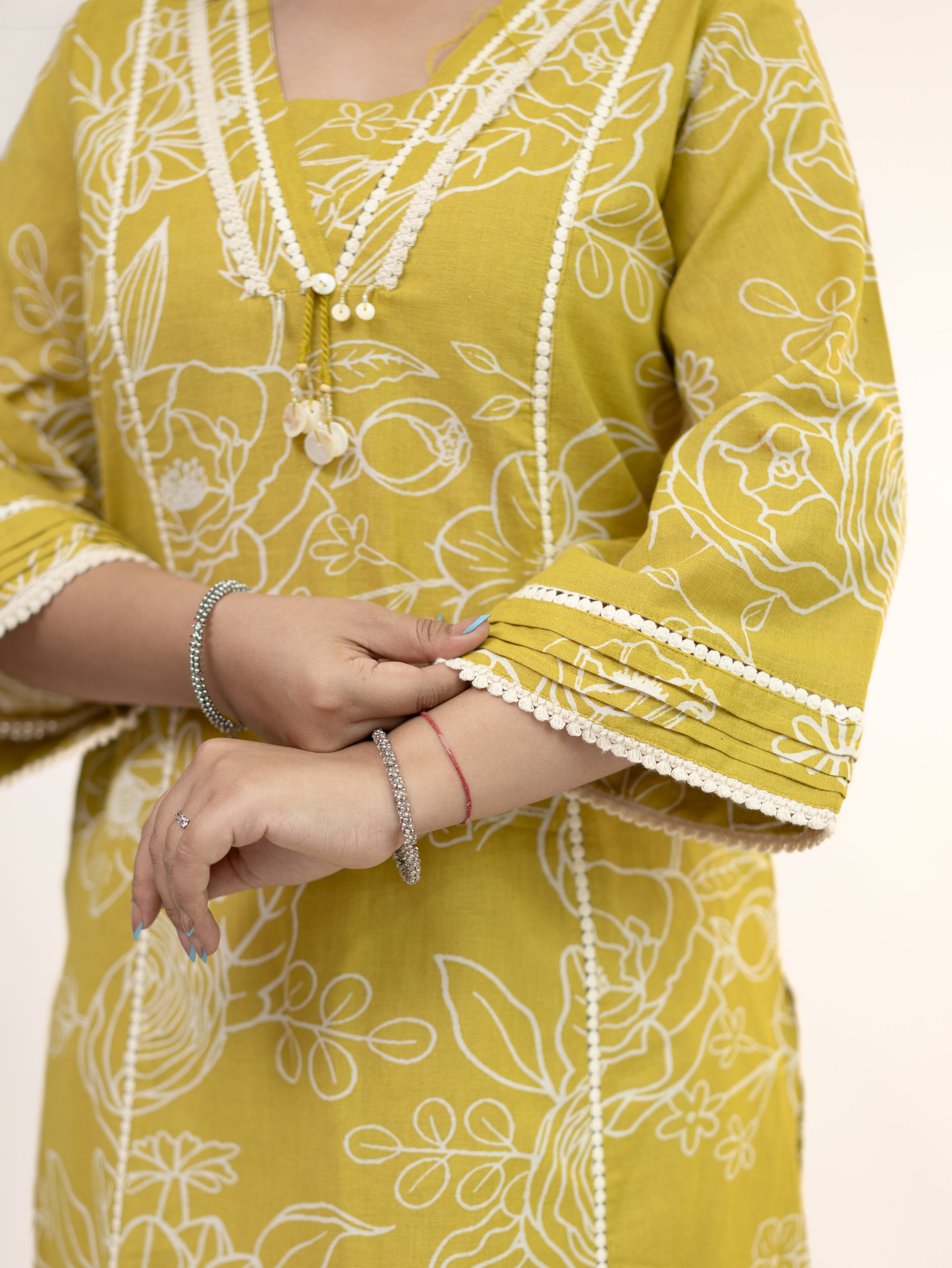 Inayat Yellow Cotton Lace Deatialed A-line Kurta Set