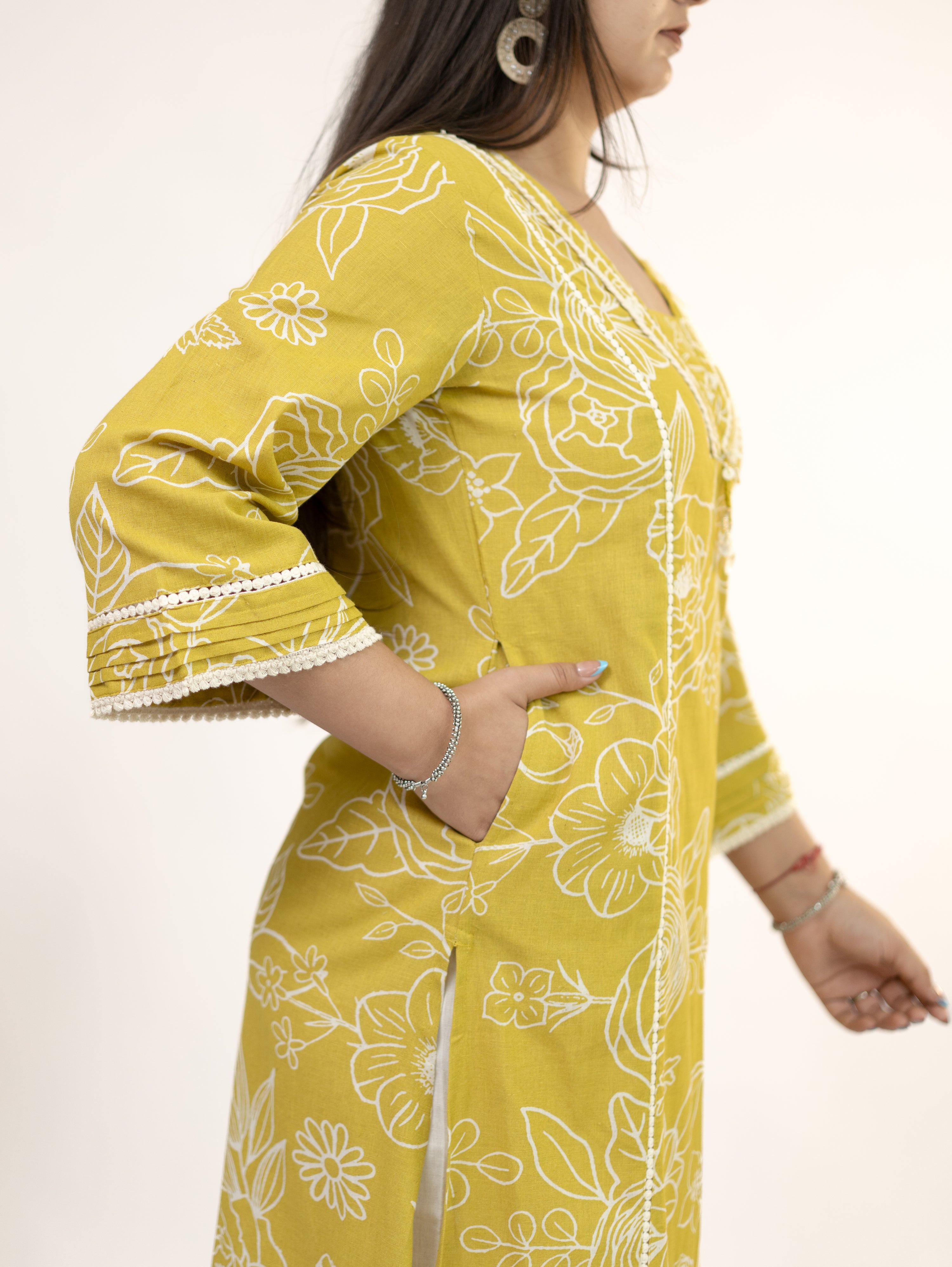 Inayat Yellow Cotton Lace Deatialed A-line Kurta Set
