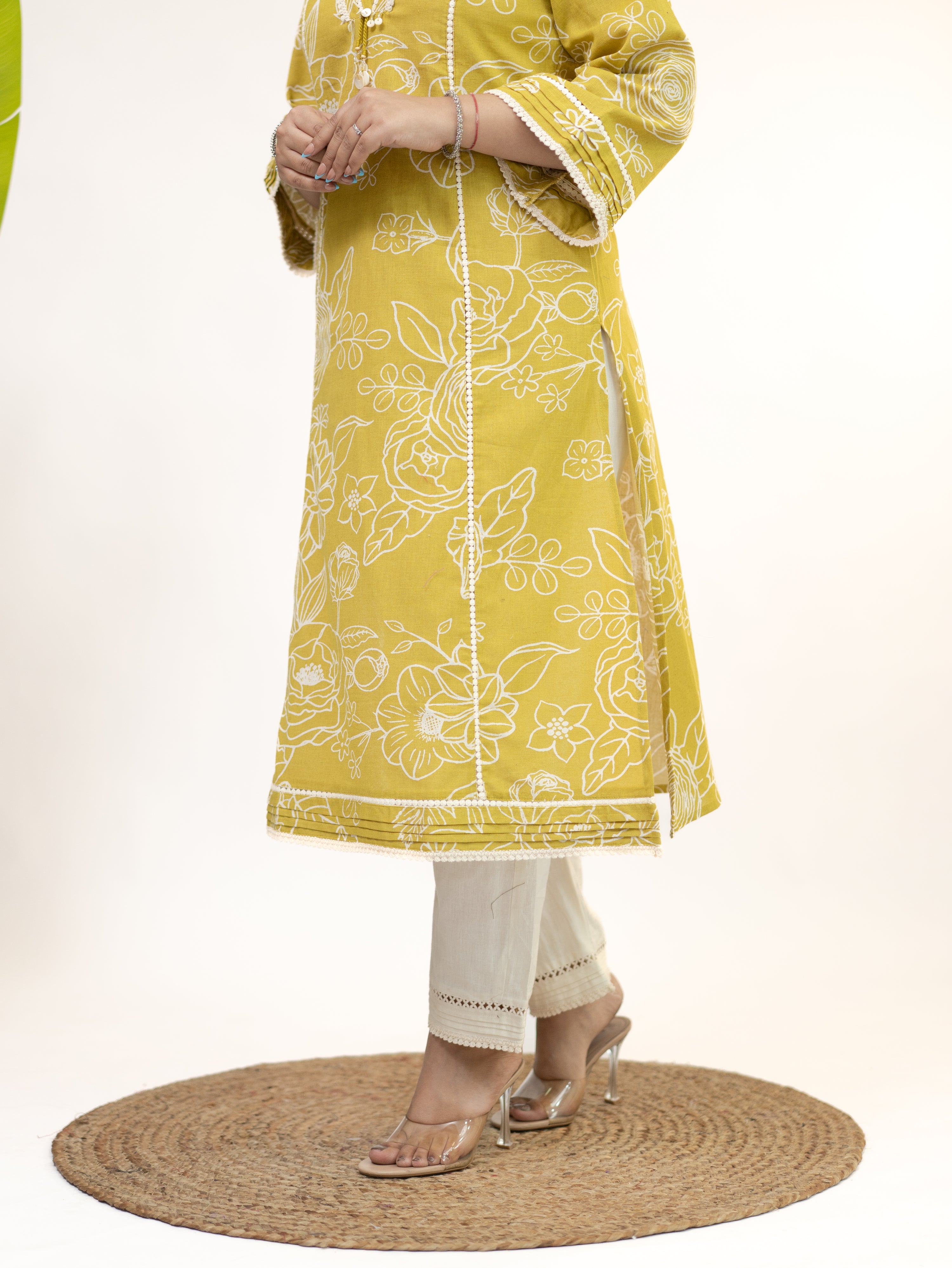 Inayat Yellow Cotton Lace Deatialed A-line Kurta Set
