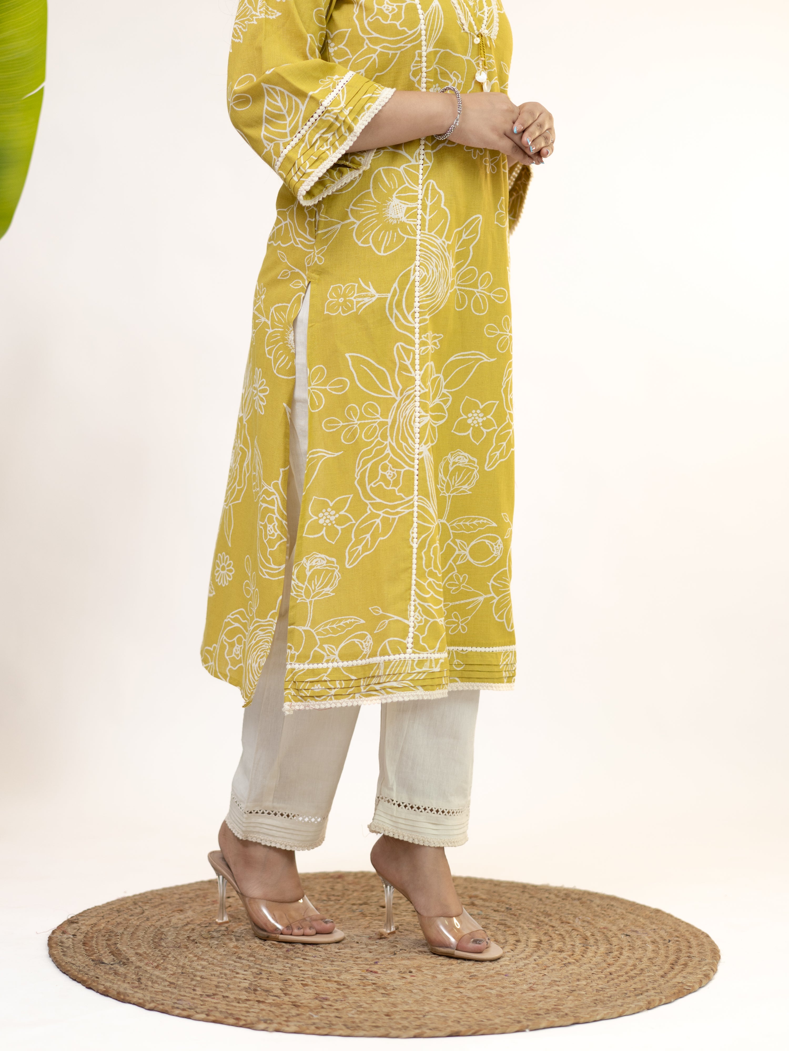 Inayat Yellow Cotton Lace Deatialed A-line Kurta Set