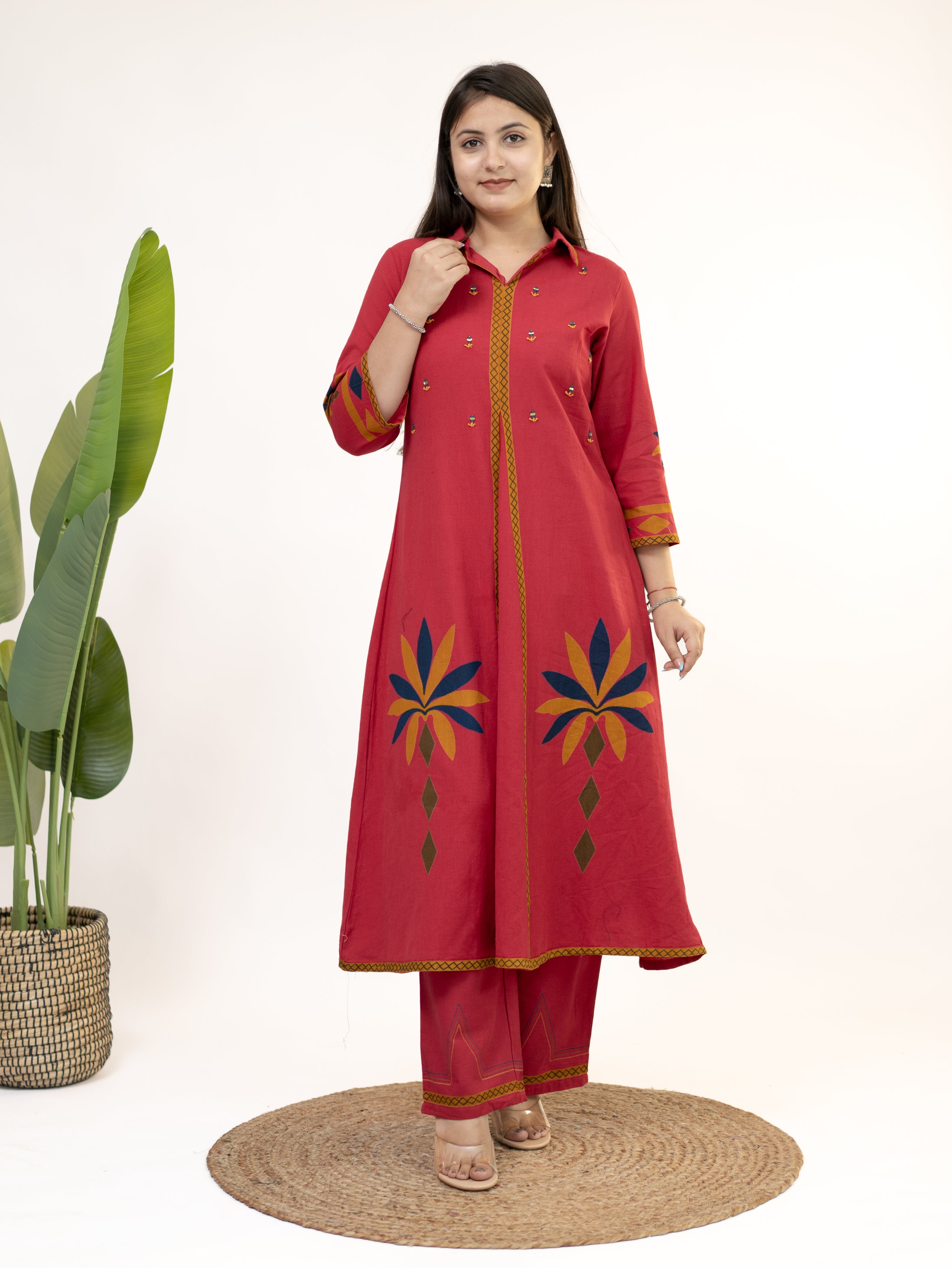 Zivara Pink Floral Mirror Work A-line Kurta Set