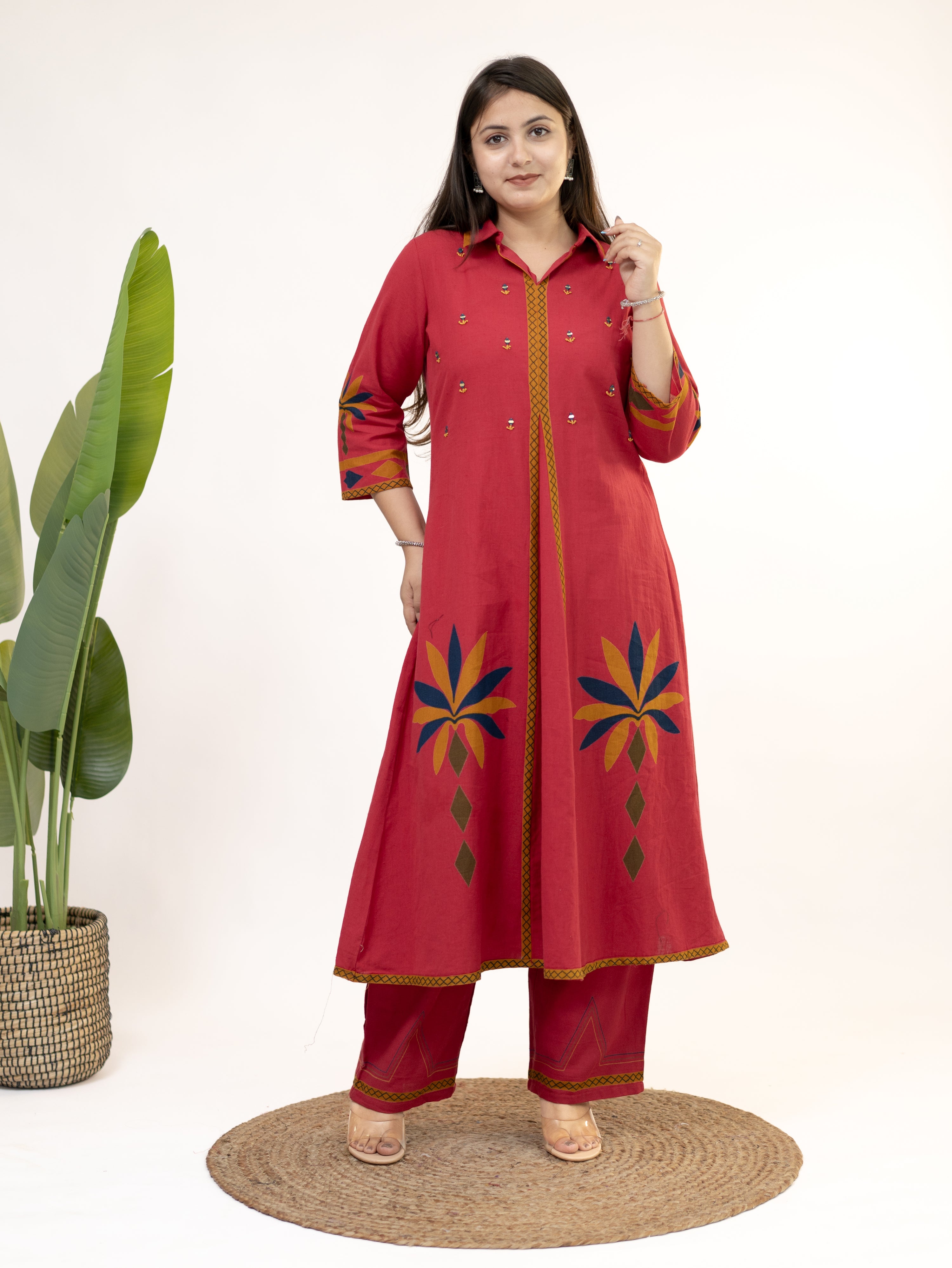 Zivara Pink Floral Mirror Work A-line Kurta Set