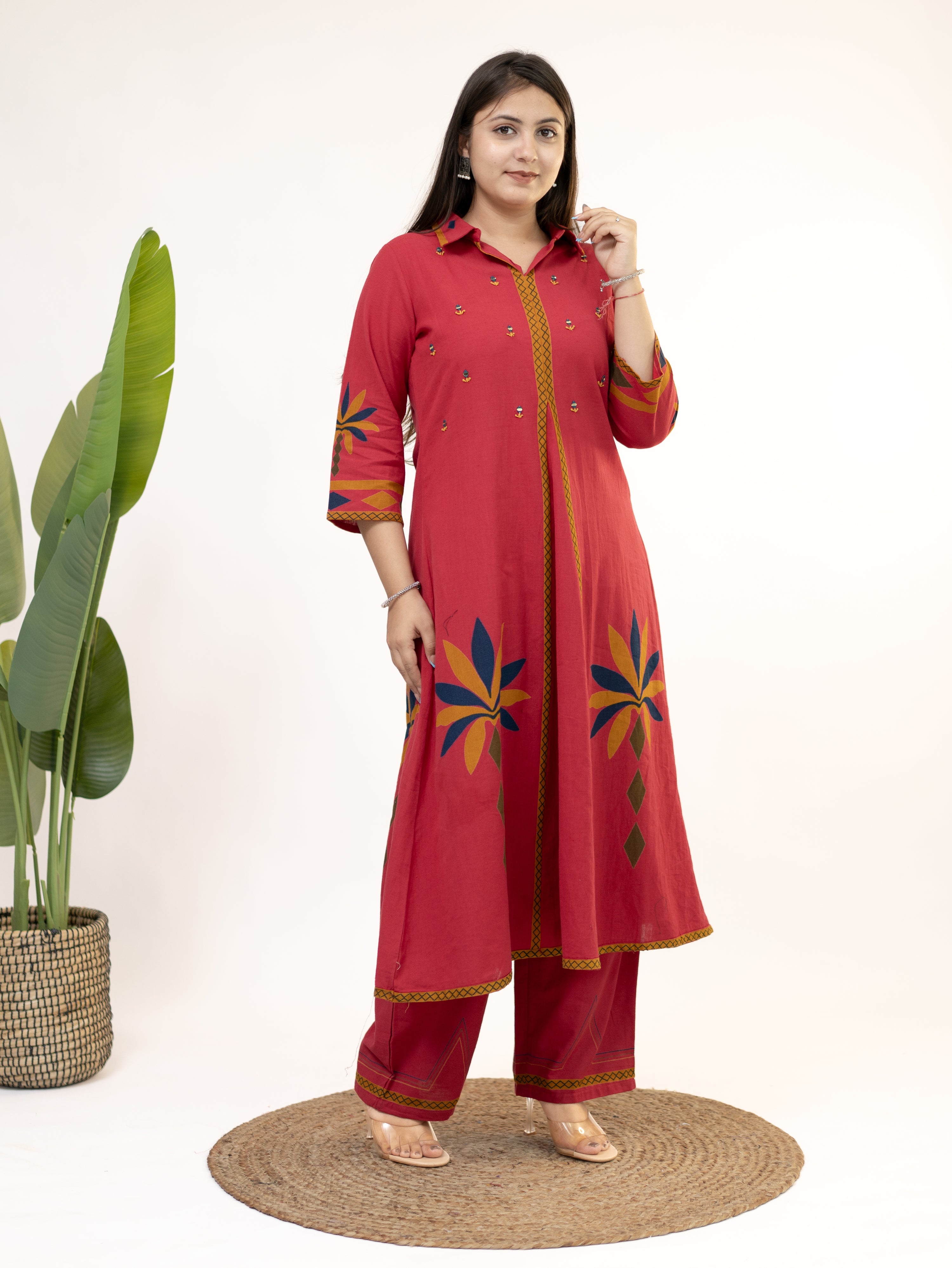 Zivara Pink Floral Mirror Work A-line Kurta Set