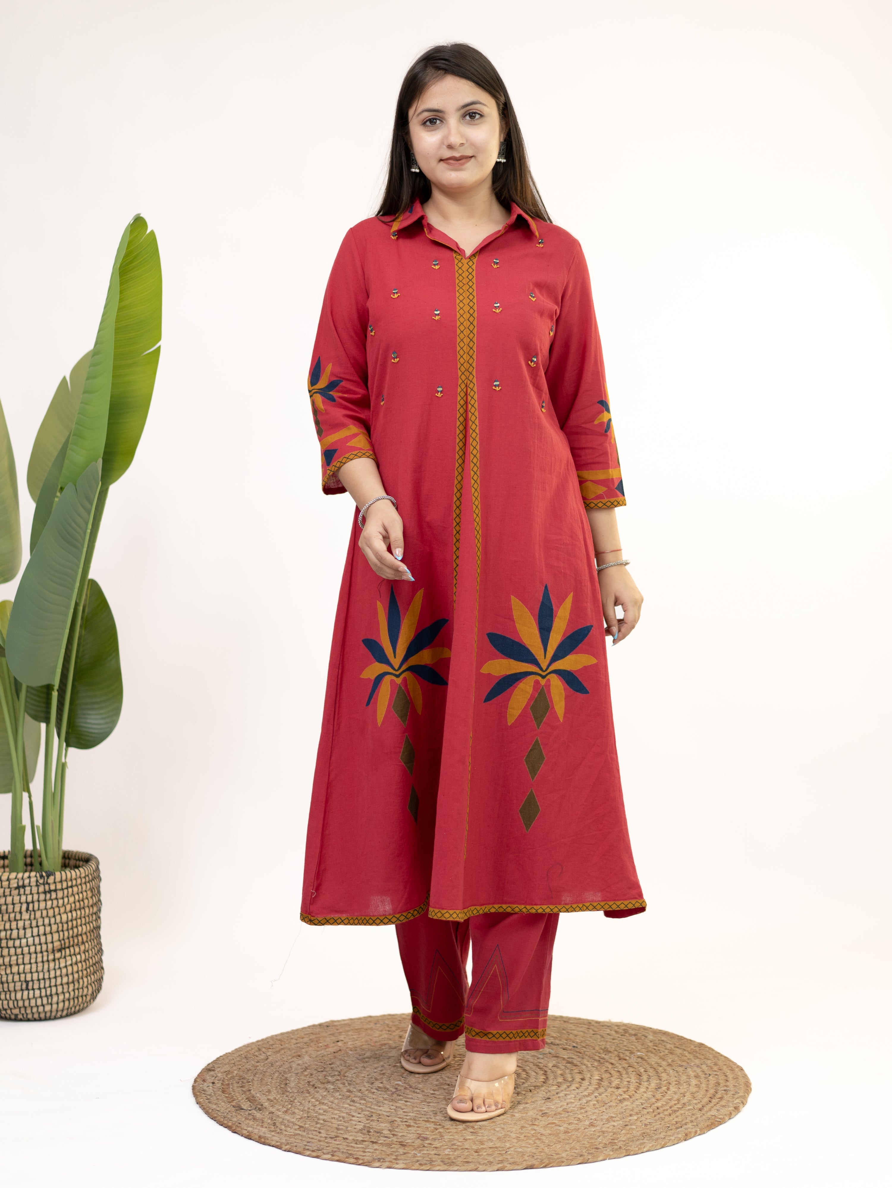 Zivara Pink Floral Mirror Work A-line Kurta Set