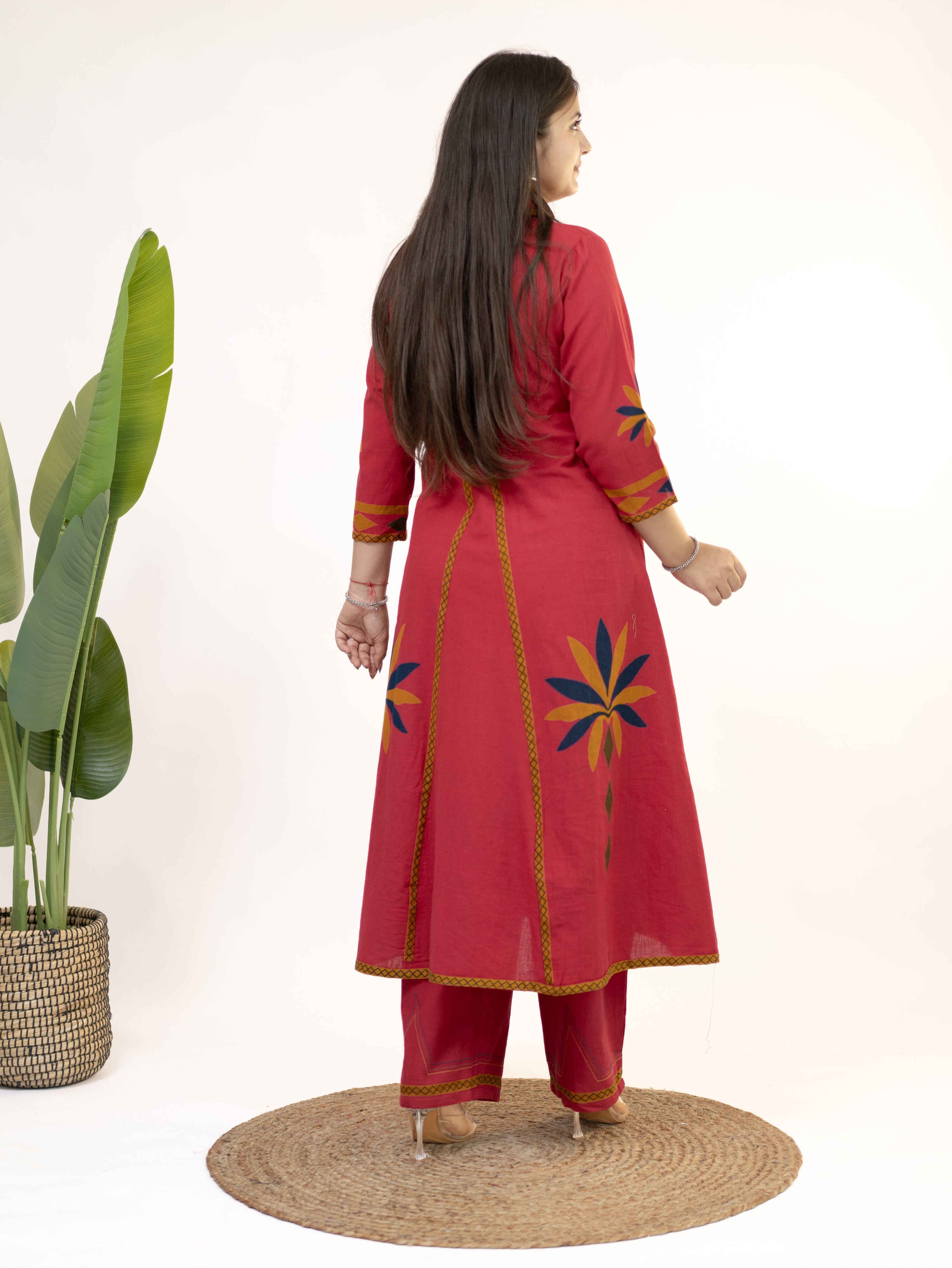 Zivara Pink Floral Mirror Work A-line Kurta Set