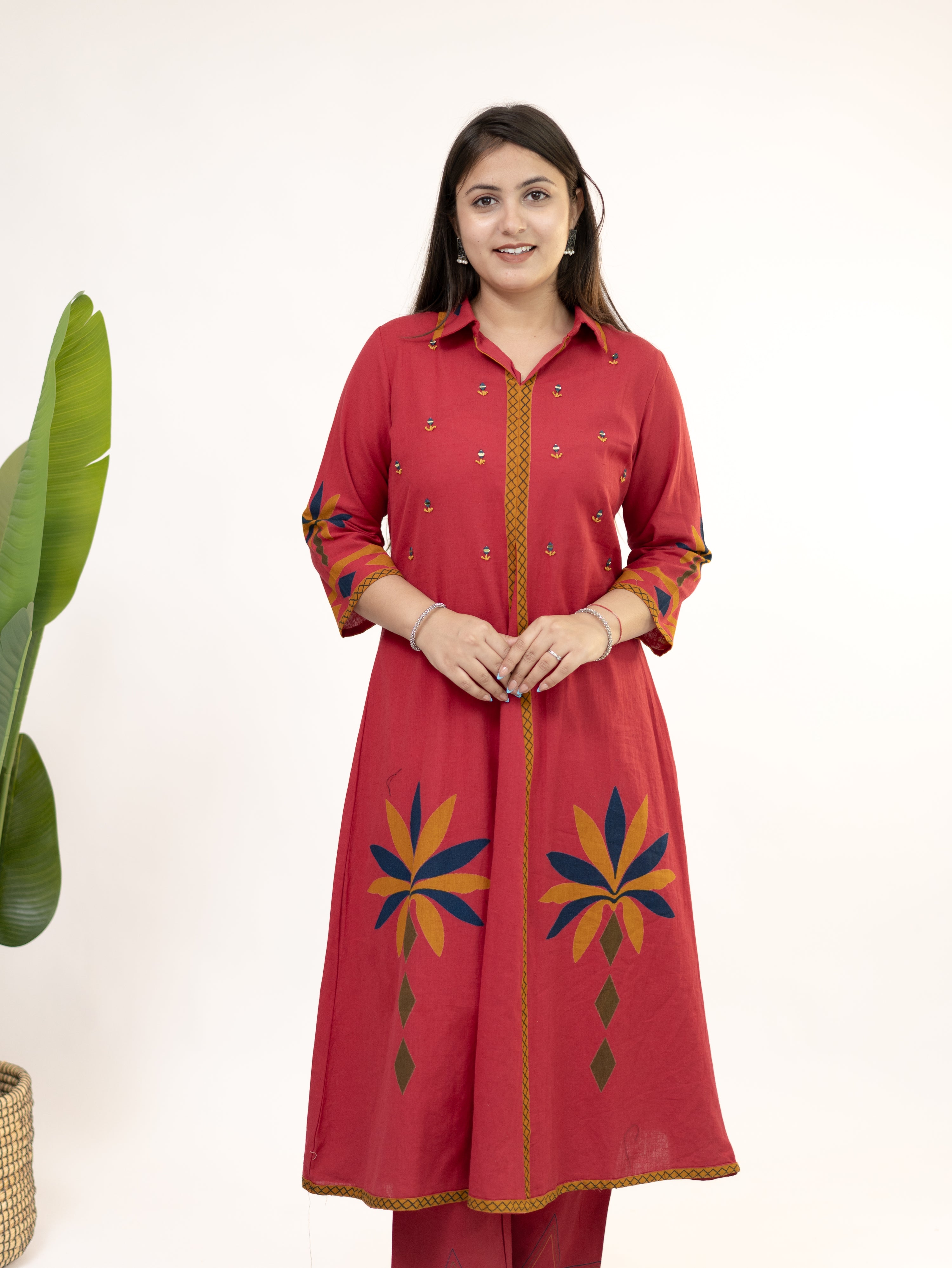 Zivara Pink Floral Mirror Work A-line Kurta Set
