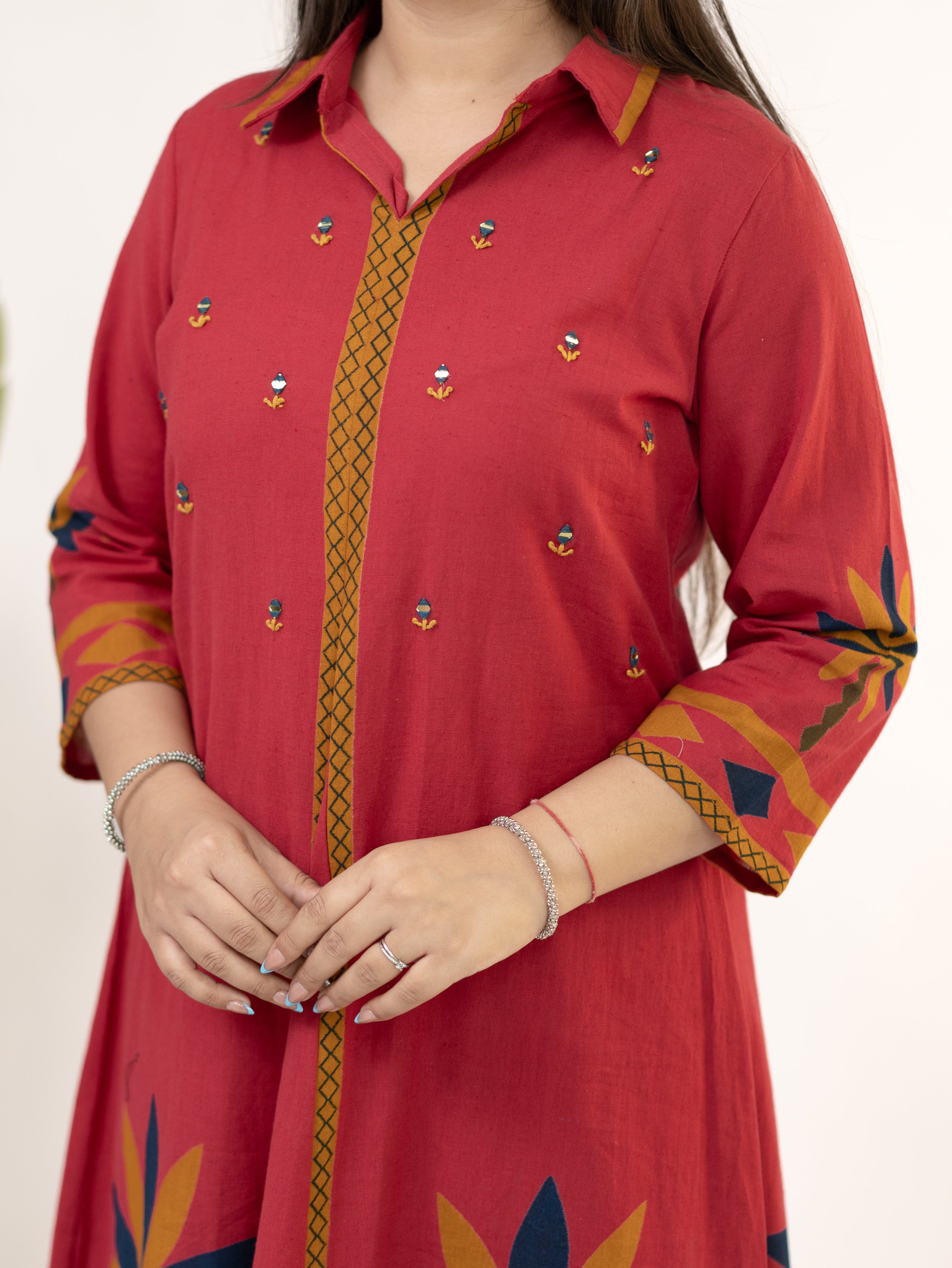 Zivara Pink Floral Mirror Work A-line Kurta Set