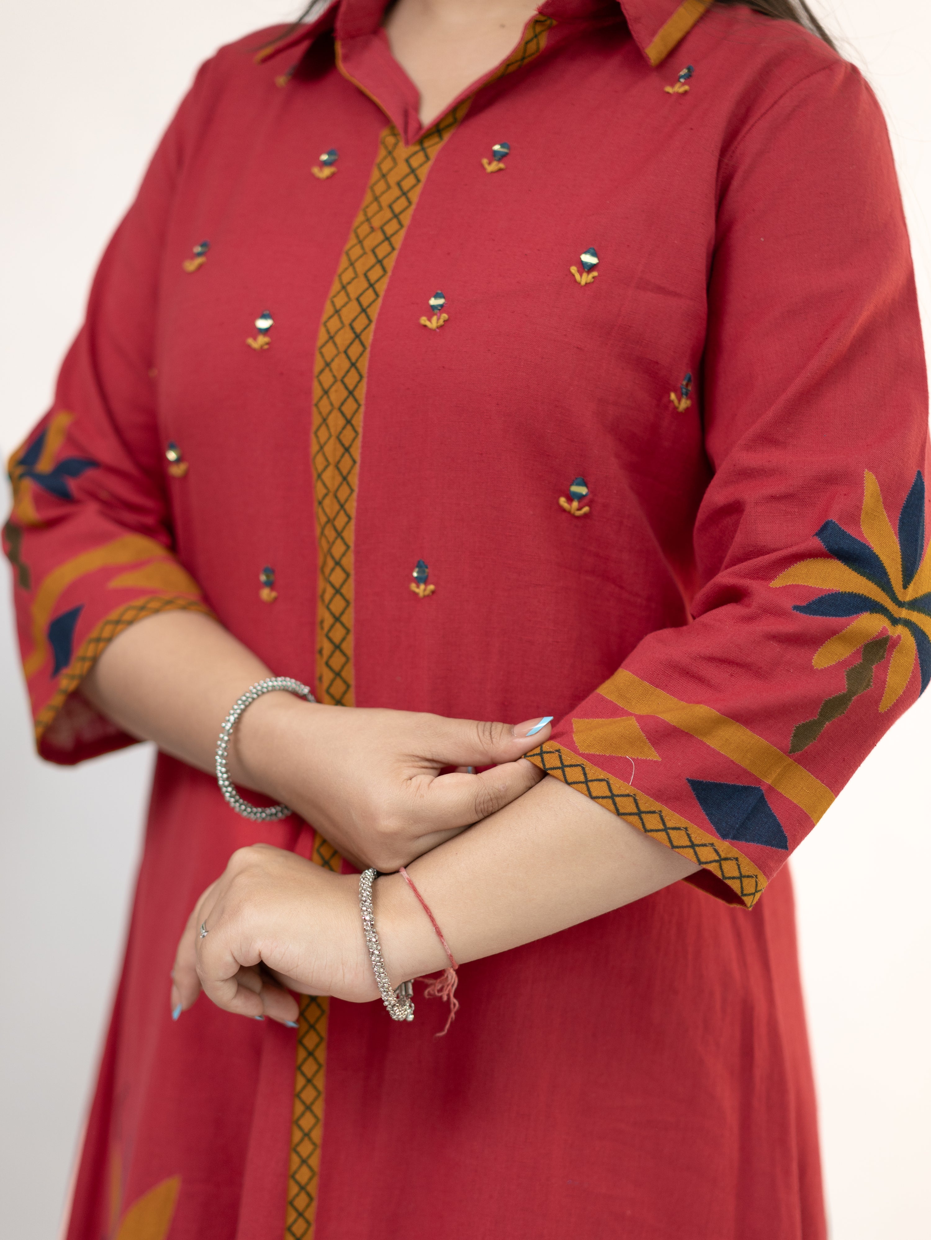 Zivara Pink Floral Mirror Work A-line Kurta Set