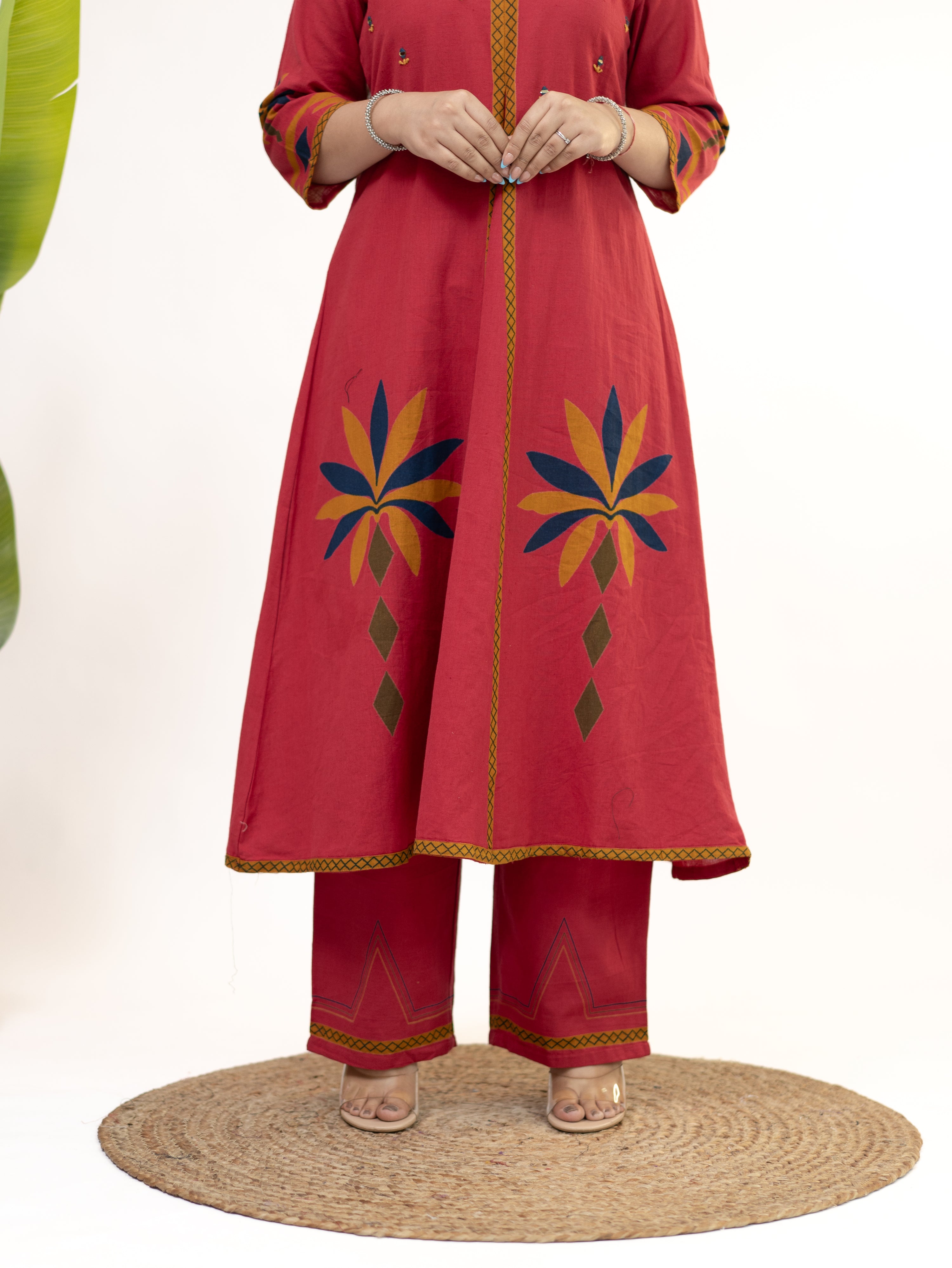 Zivara Pink Floral Mirror Work A-line Kurta Set