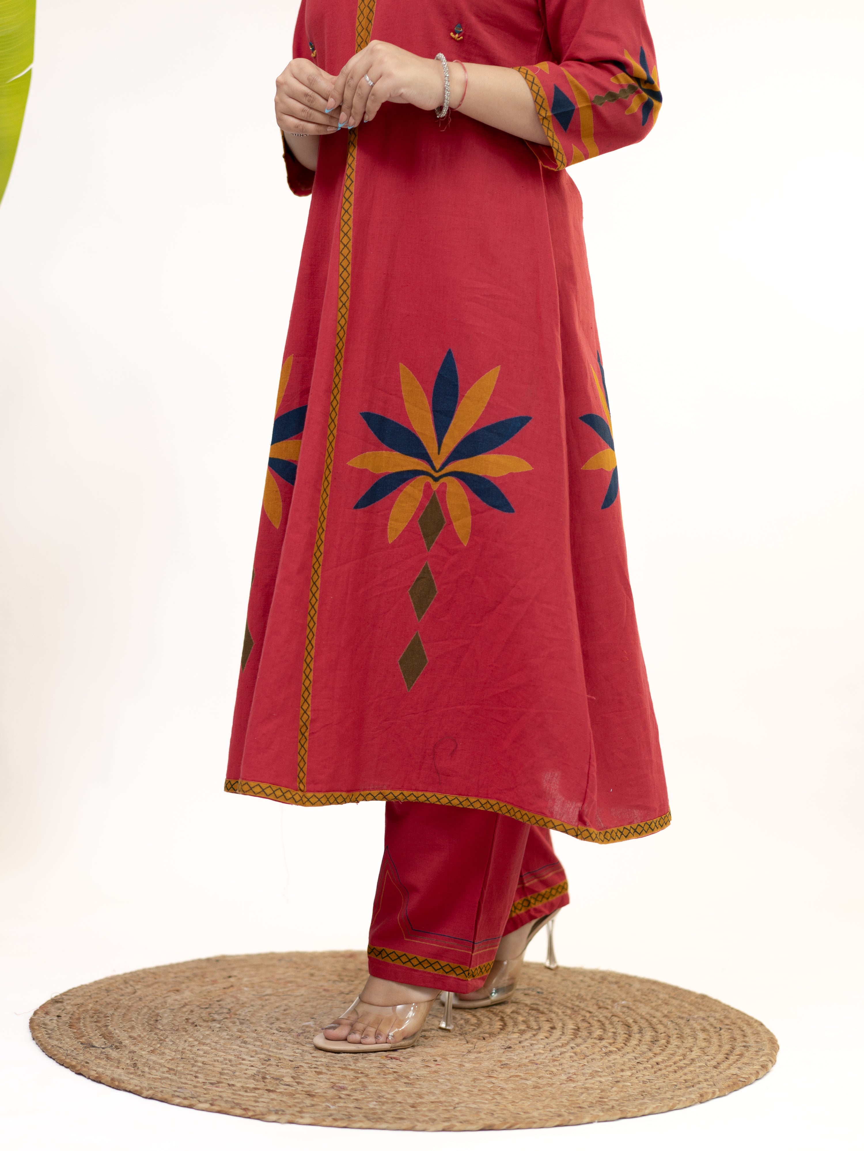 Zivara Pink Floral Mirror Work A-line Kurta Set