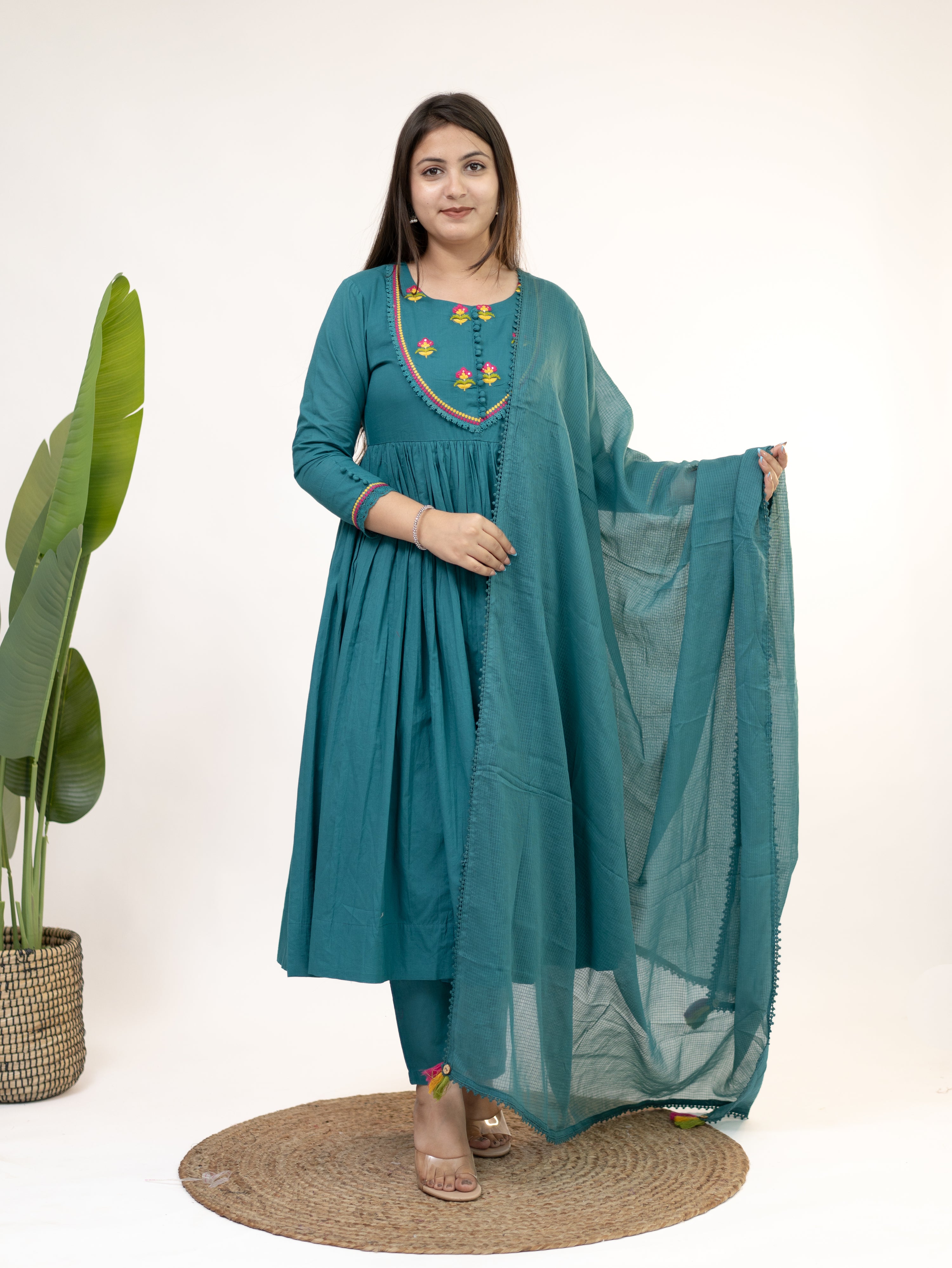 Vrishti Green Mul Cotton Embroidered Anarkali Dupatta Set