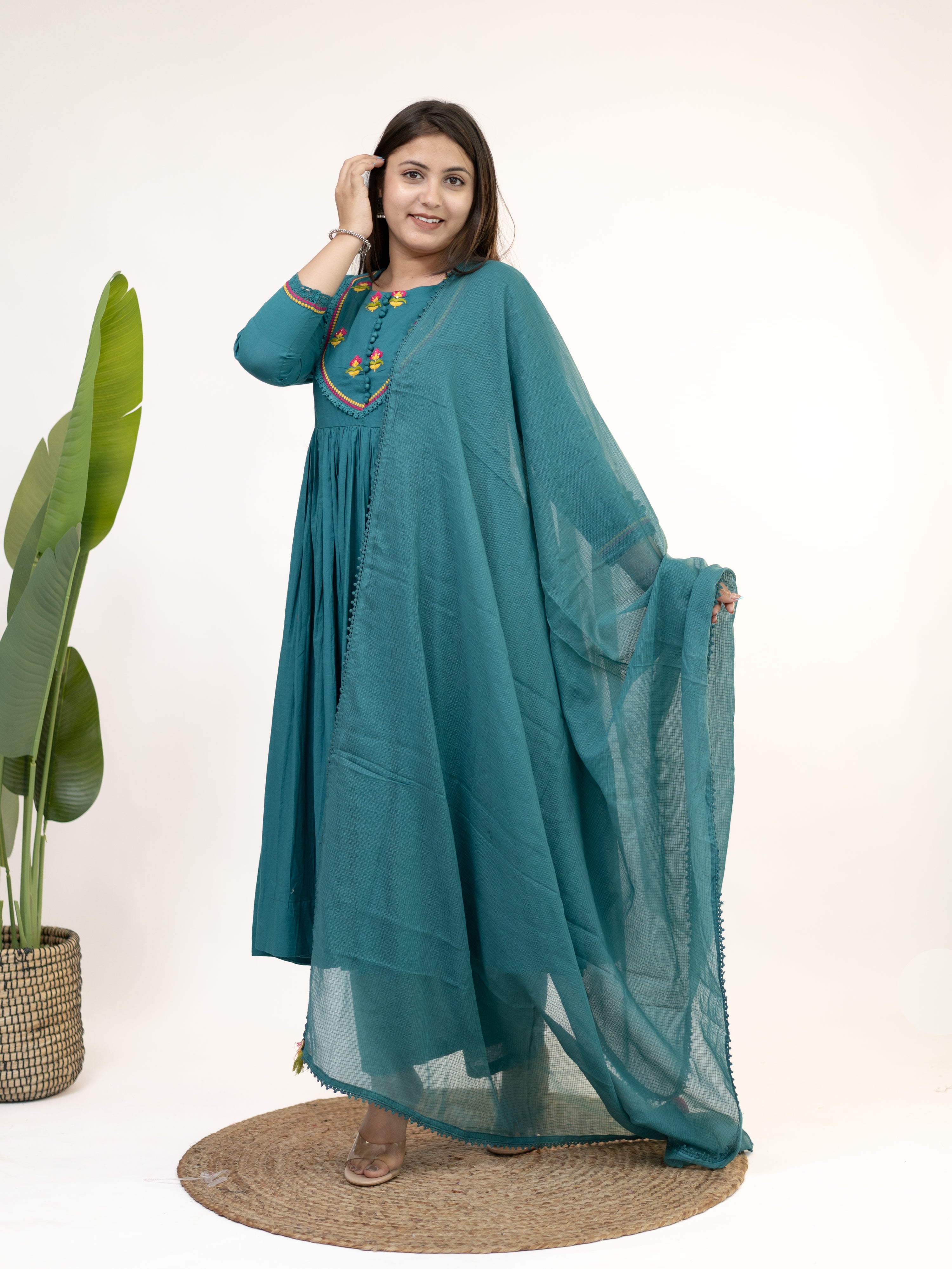 Vrishti Green Mul Cotton Embroidered Anarkali Dupatta Set