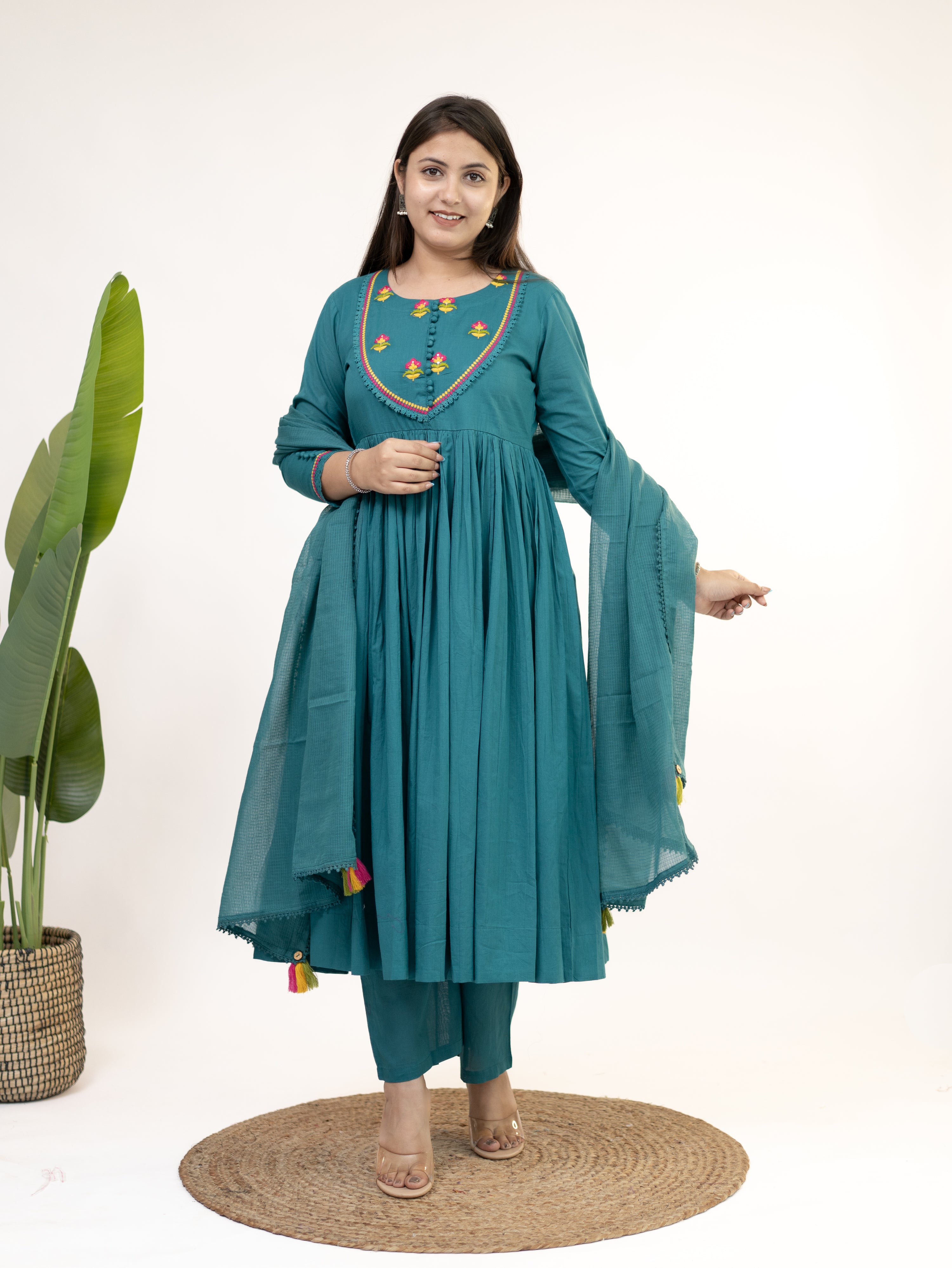 Vrishti Green Mul Cotton Embroidered Anarkali Dupatta Set