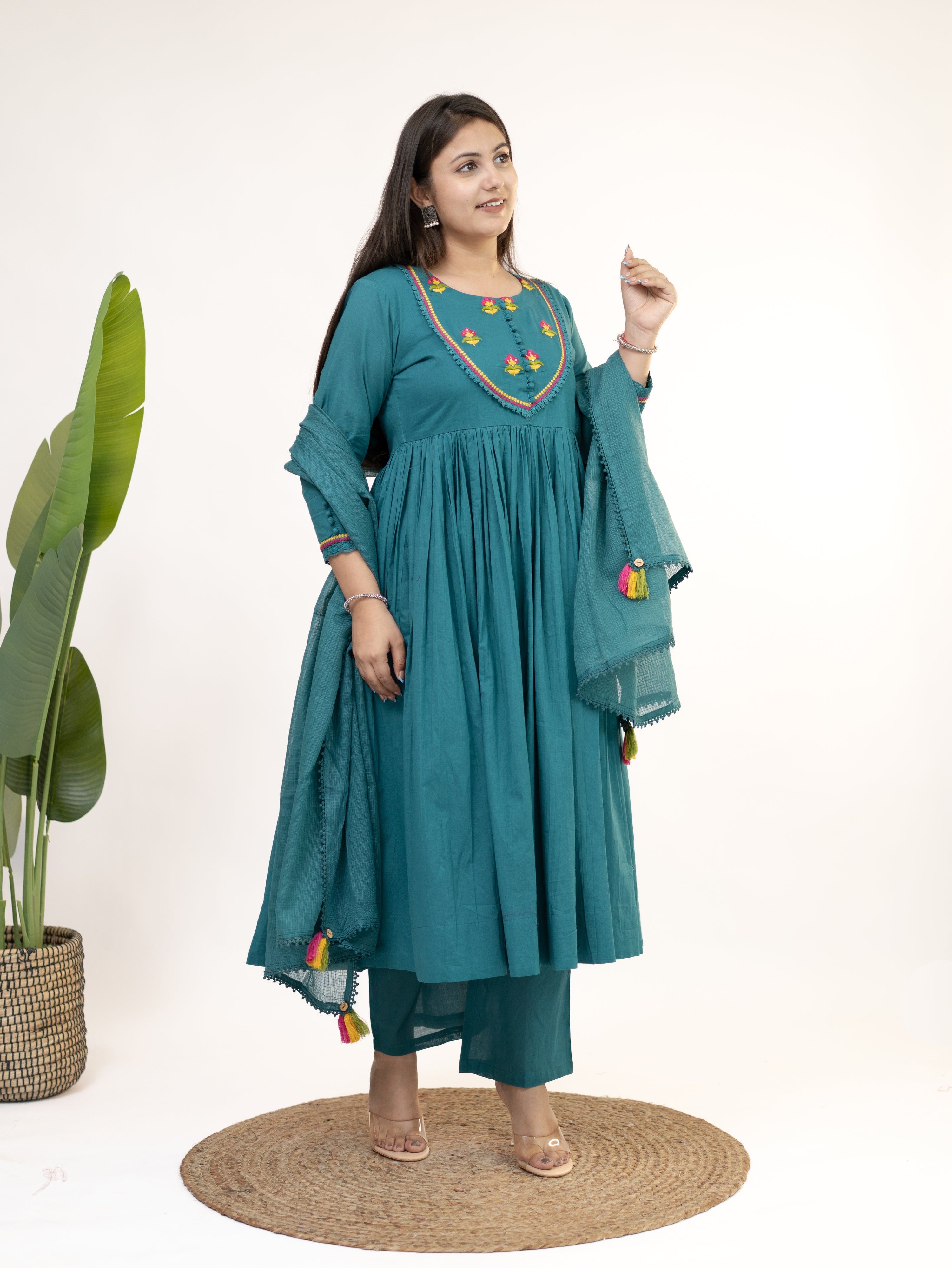 Vrishti Green Mul Cotton Embroidered Anarkali Dupatta Set