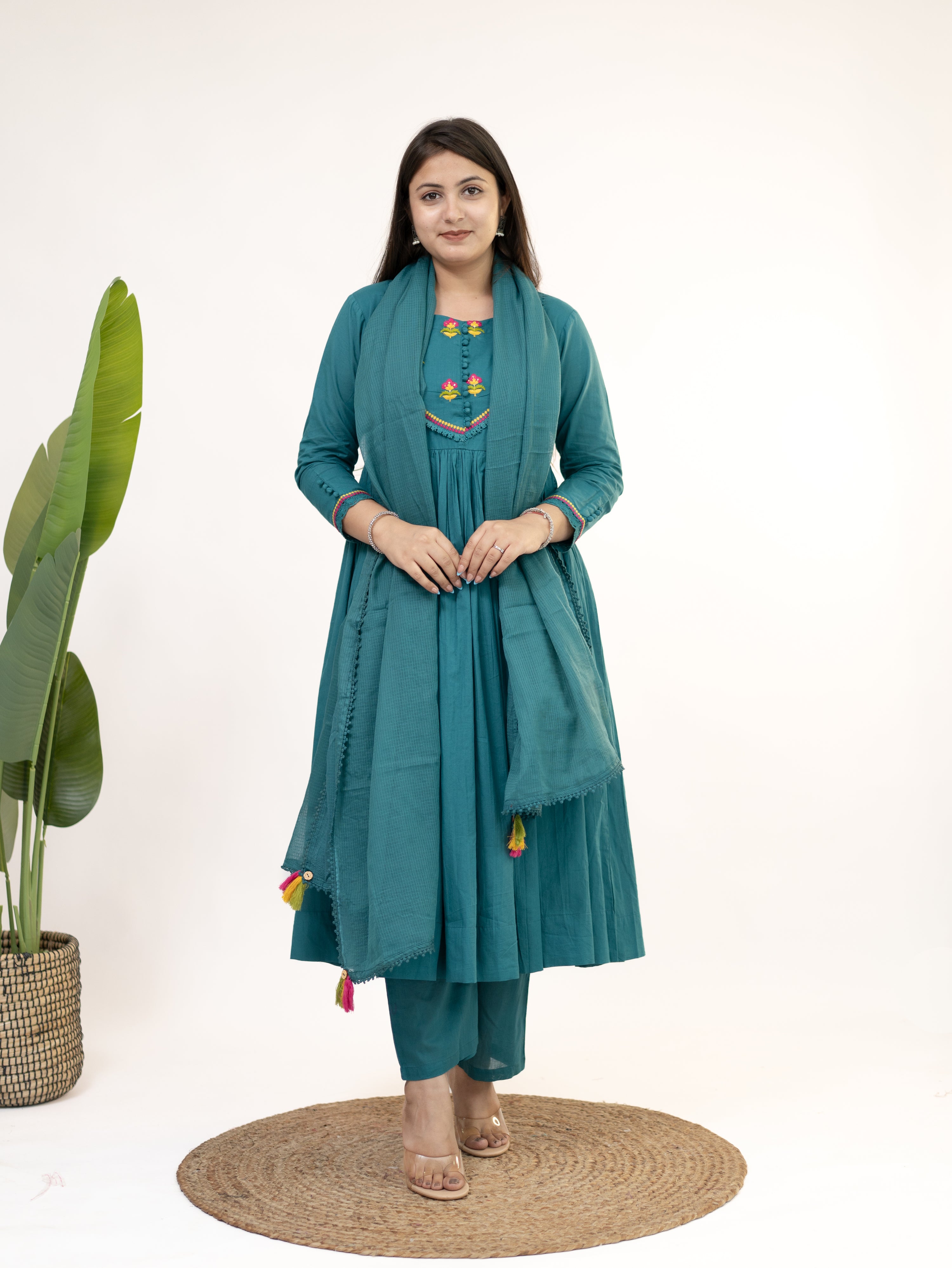 Vrishti Green Mul Cotton Embroidered Anarkali Dupatta Set