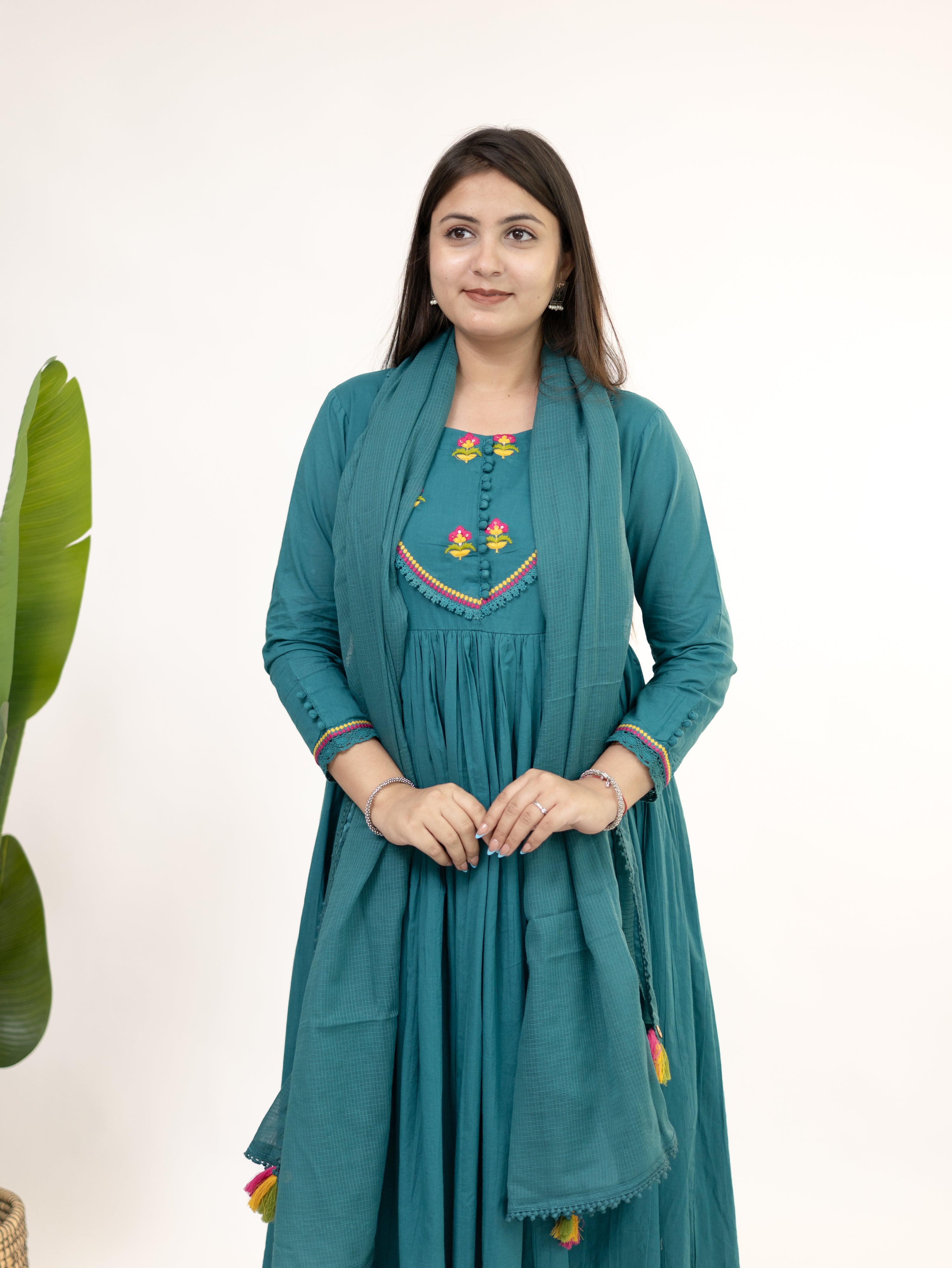 Vrishti Green Mul Cotton Embroidered Anarkali Dupatta Set