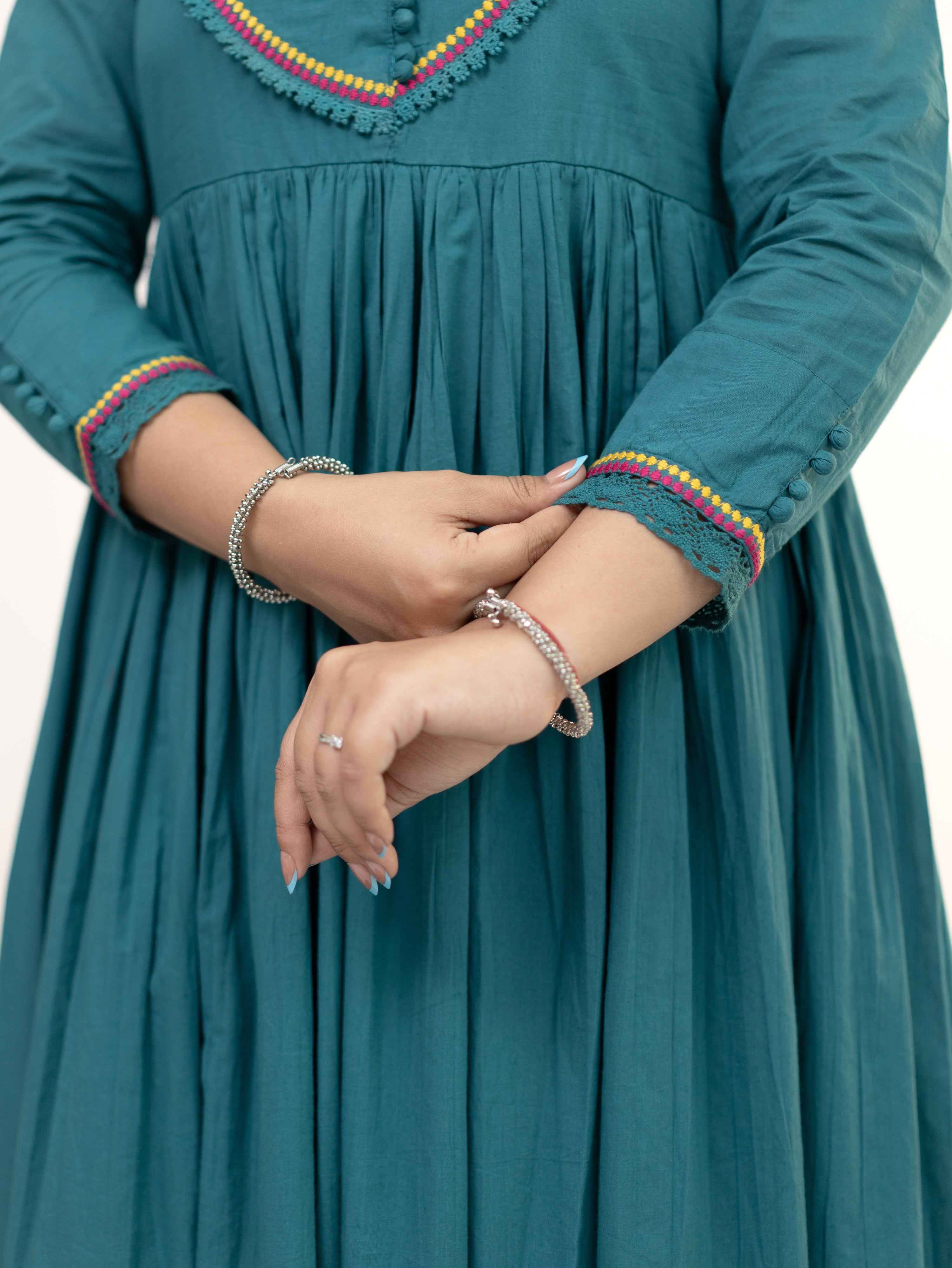 Vrishti Green Mul Cotton Embroidered Anarkali Dupatta Set