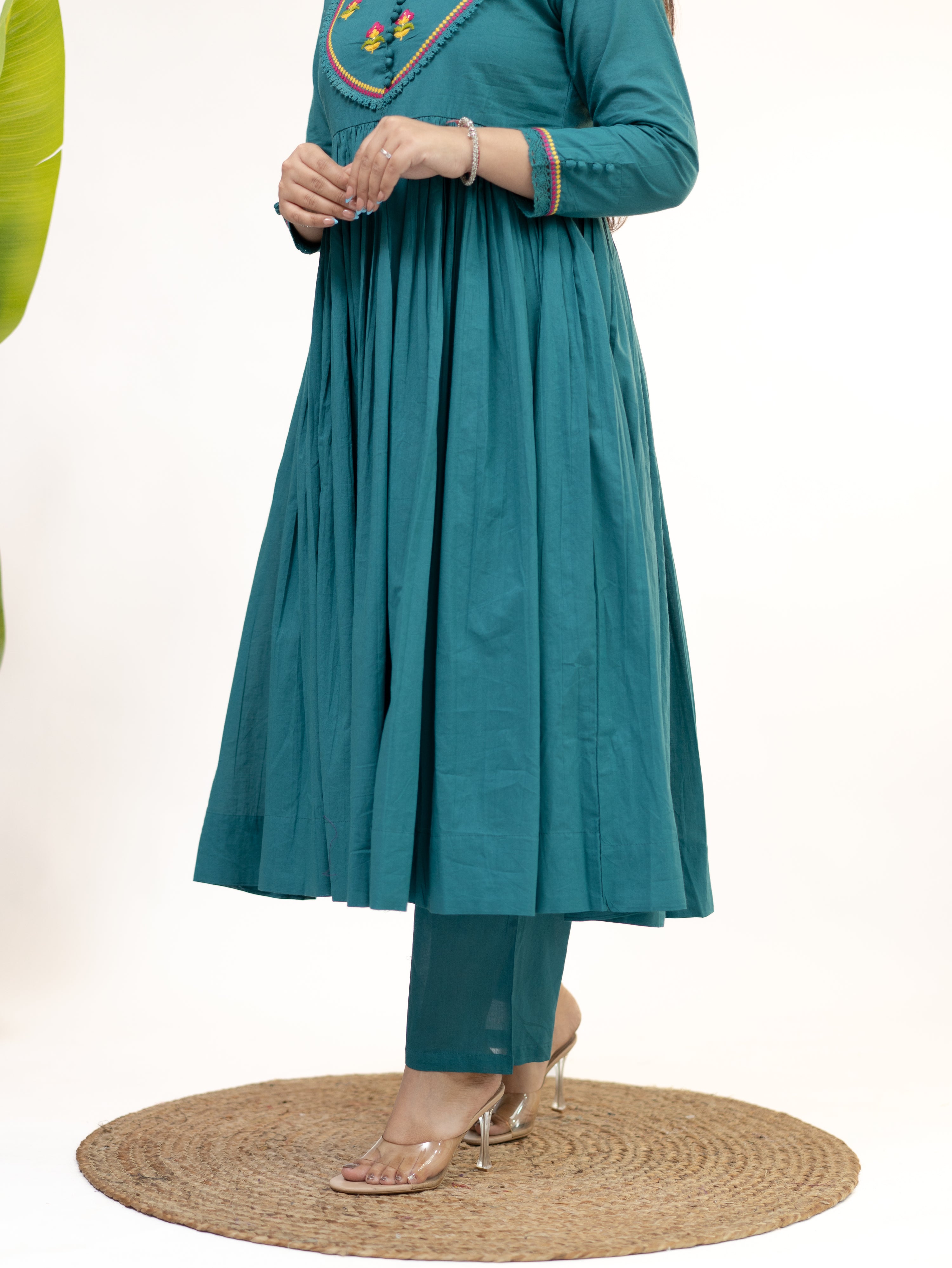 Vrishti Green Mul Cotton Embroidered Anarkali Dupatta Set