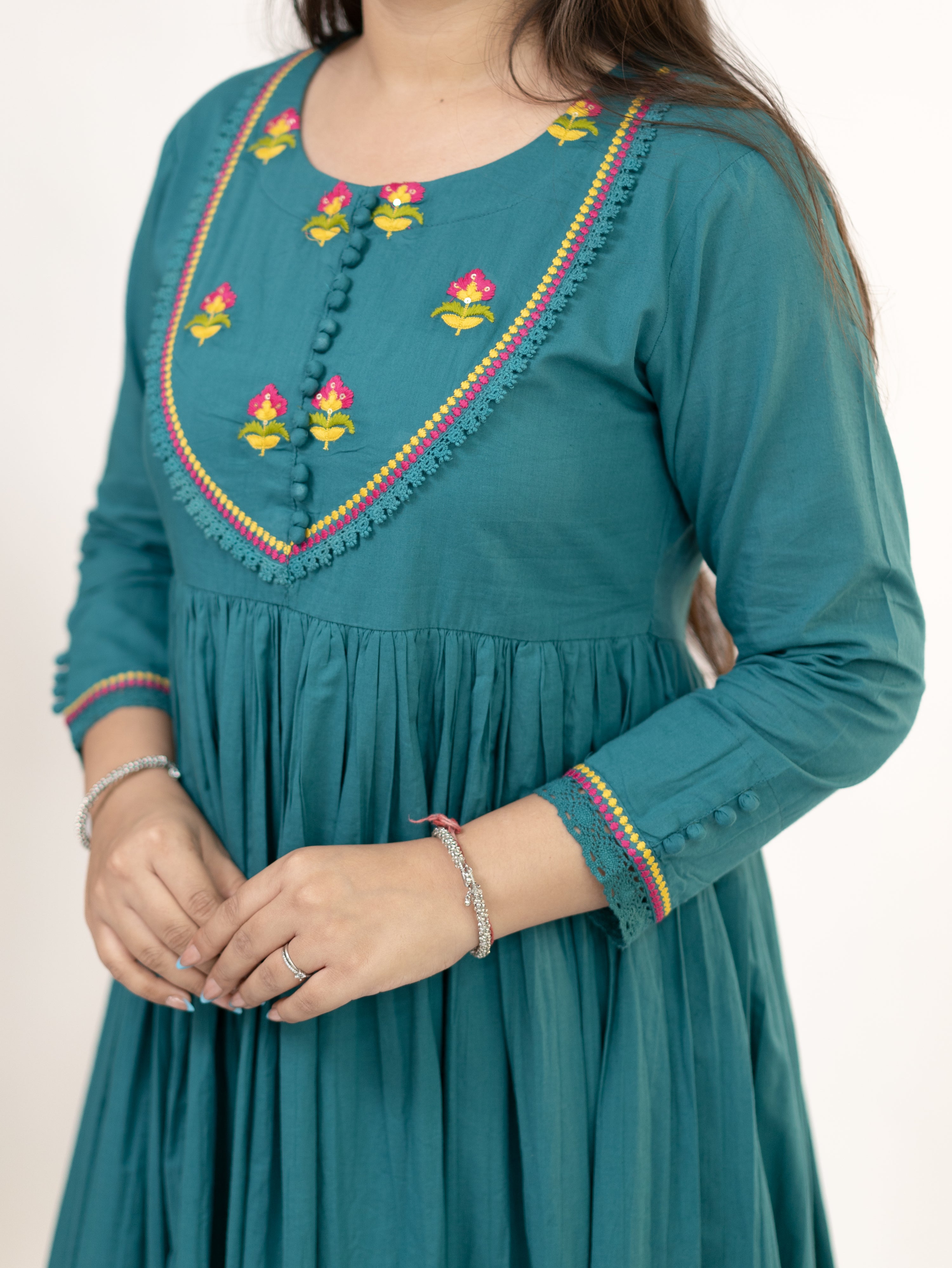 Vrishti Green Mul Cotton Embroidered Anarkali Dupatta Set