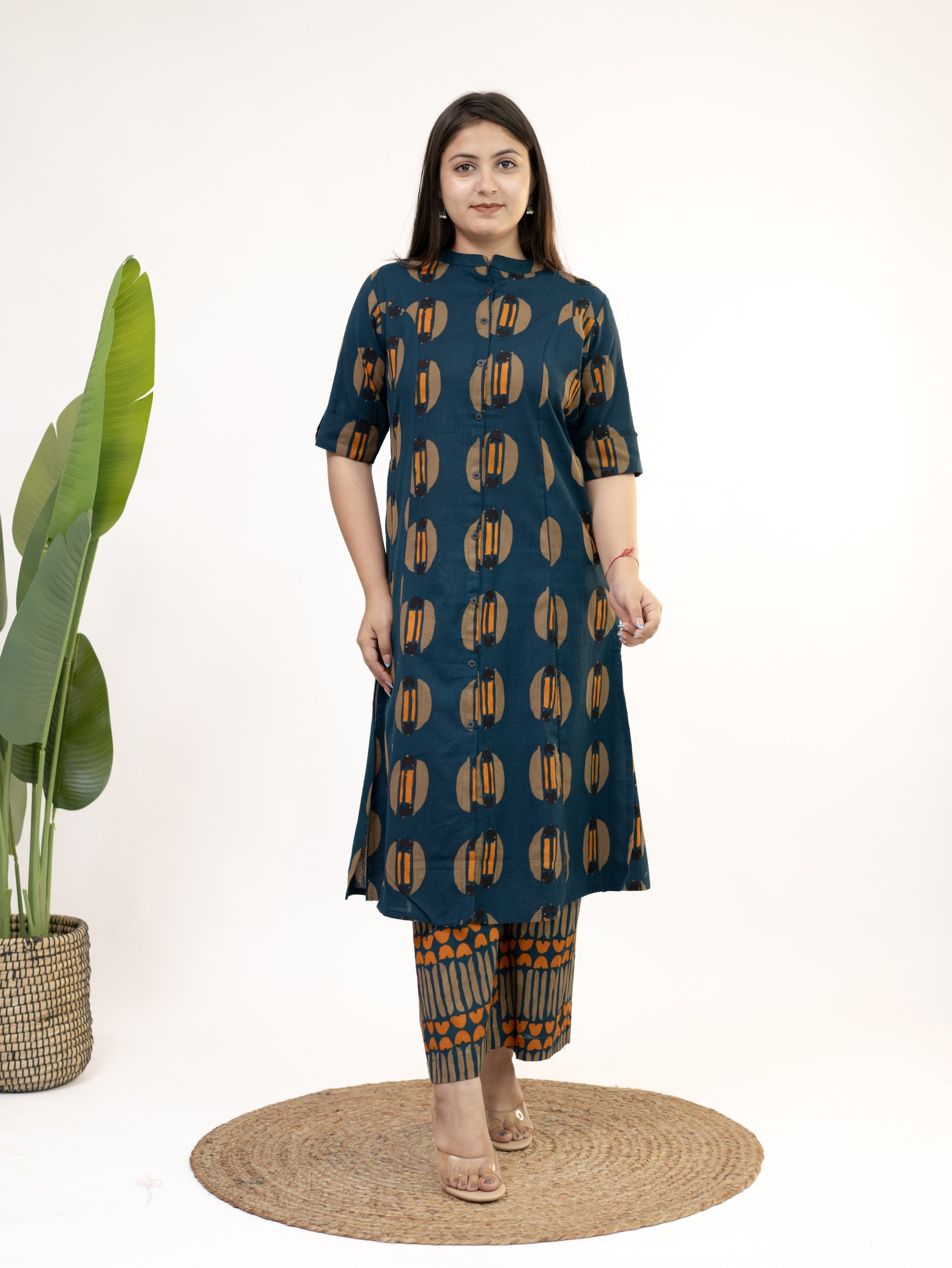 Ishani Peacock Blue Cotton A-line Kurta Set