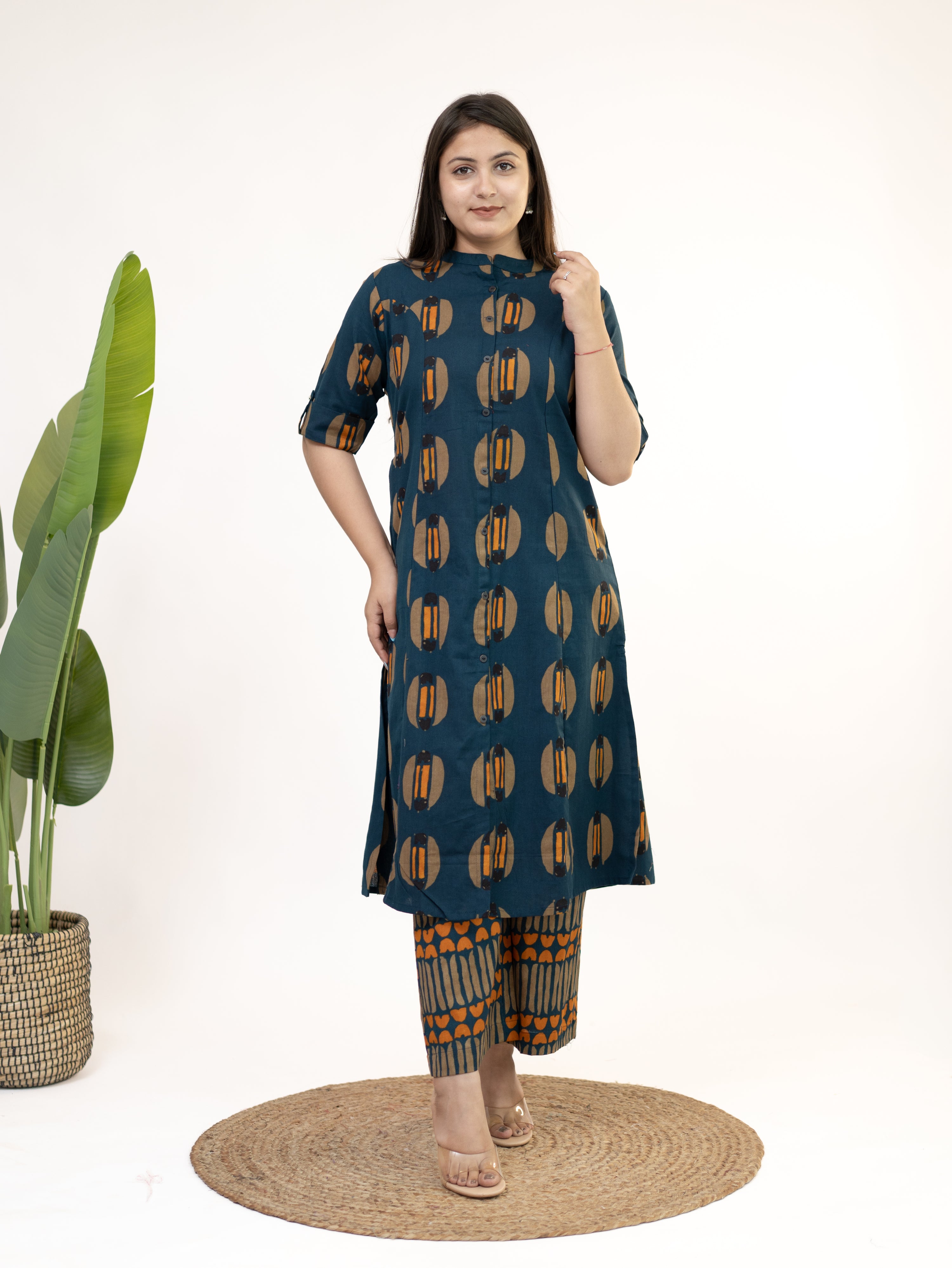 Ishani Peacock Blue Cotton A-line Kurta Set
