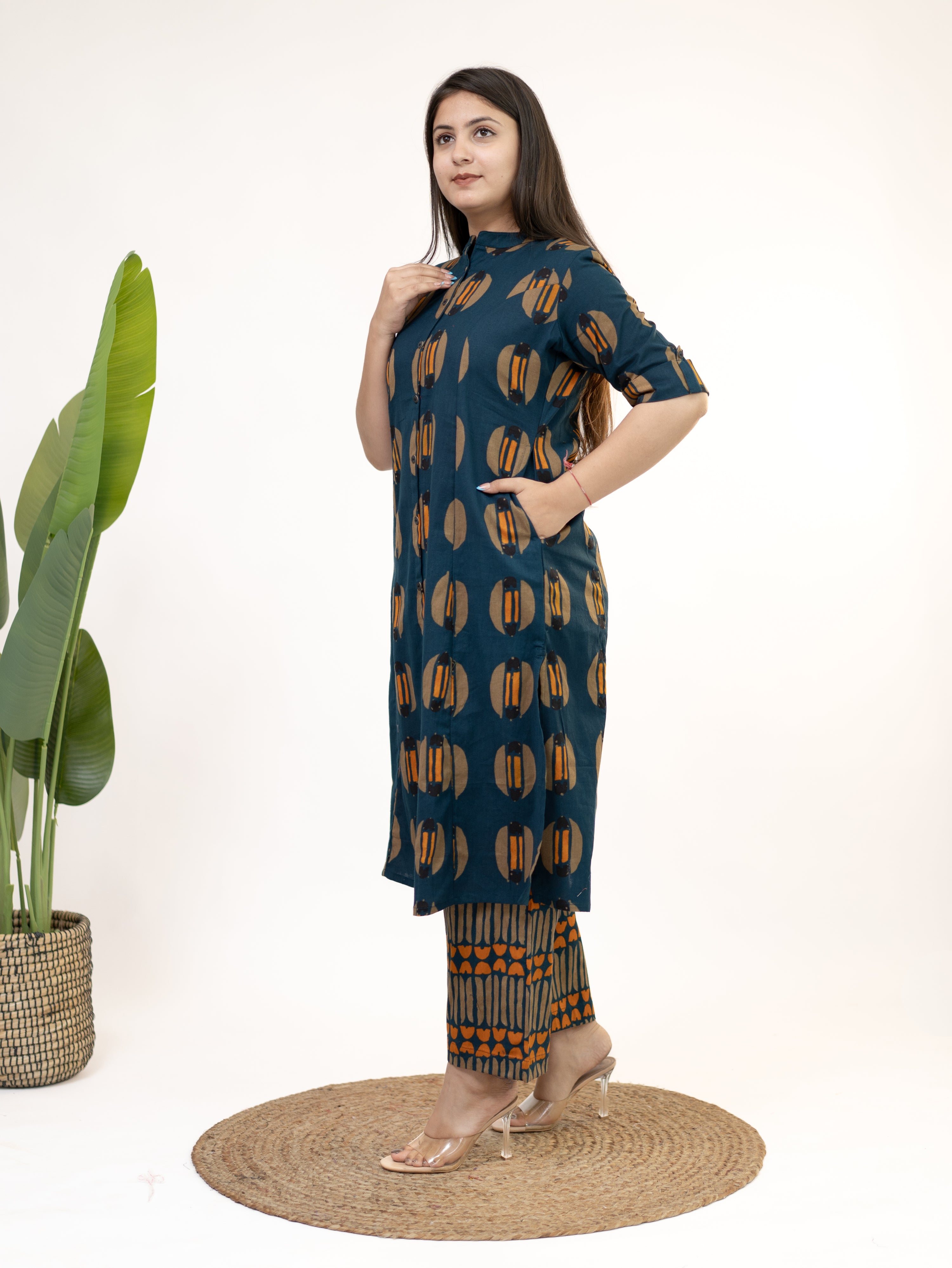 Ishani Peacock Blue Cotton A-line Kurta Set
