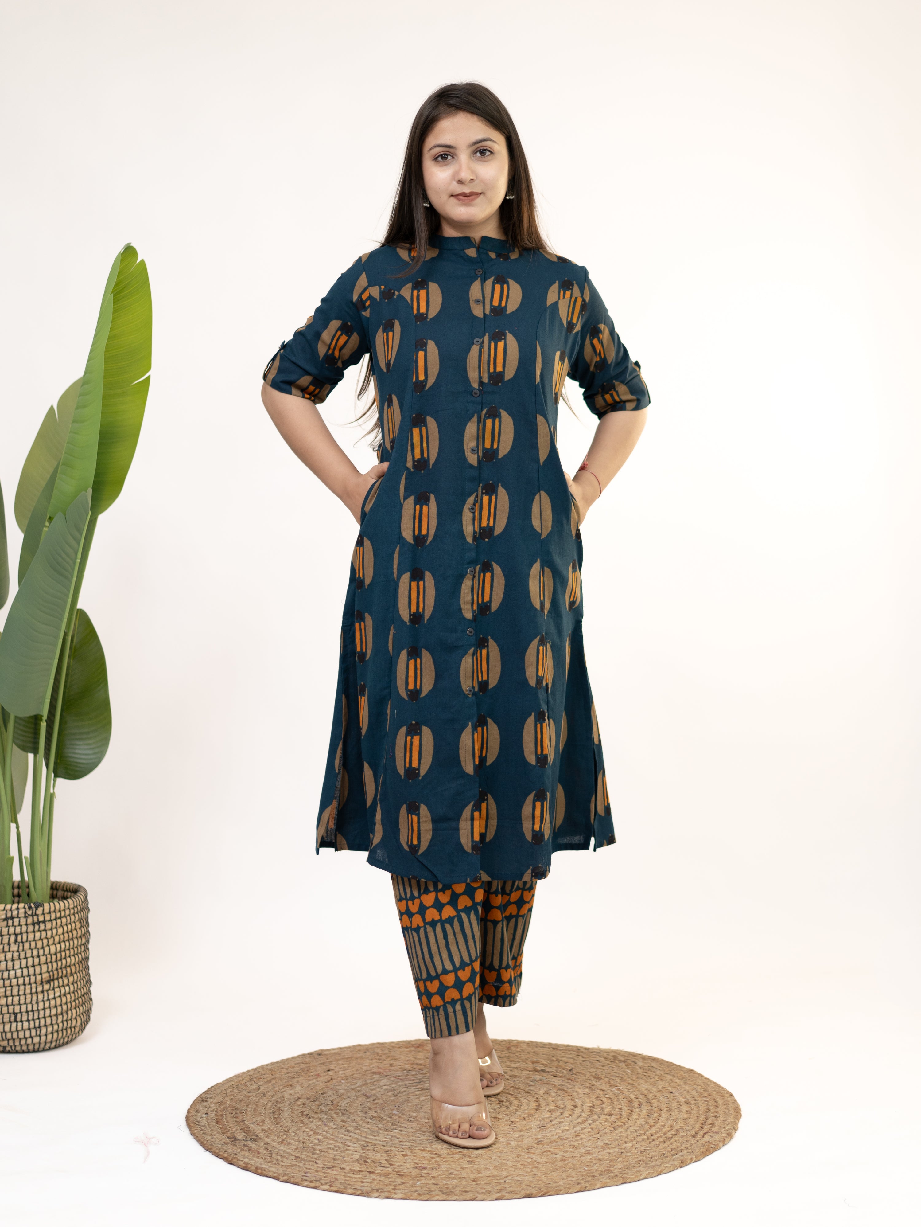 Ishani Peacock Blue Cotton A-line Kurta Set