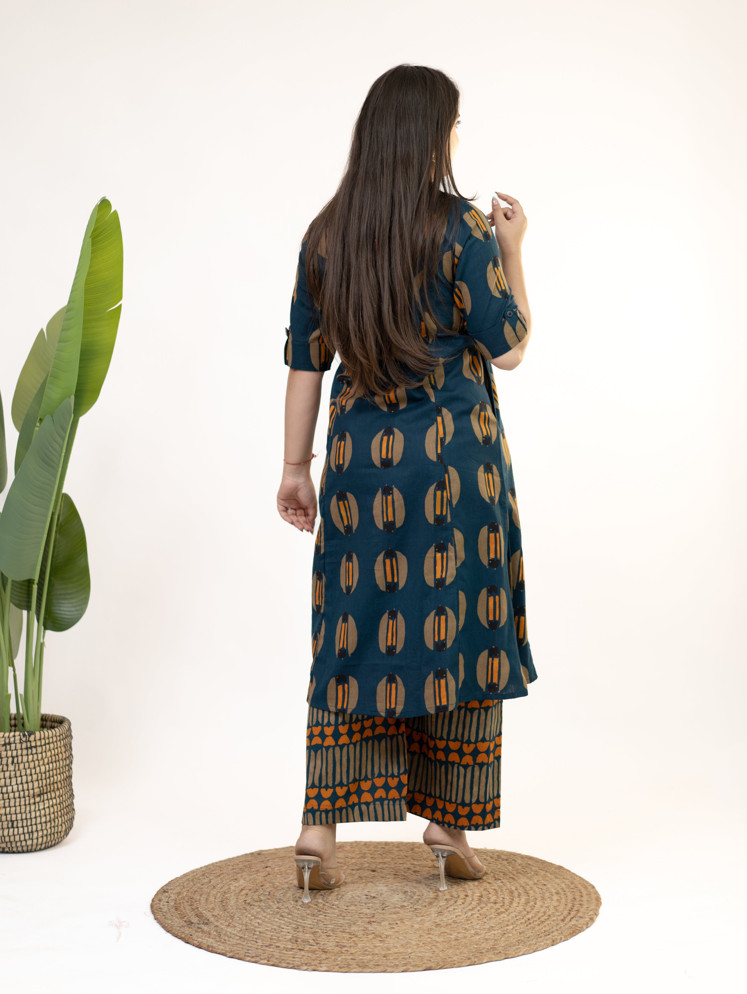 Ishani Peacock Blue Cotton A-line Kurta Set