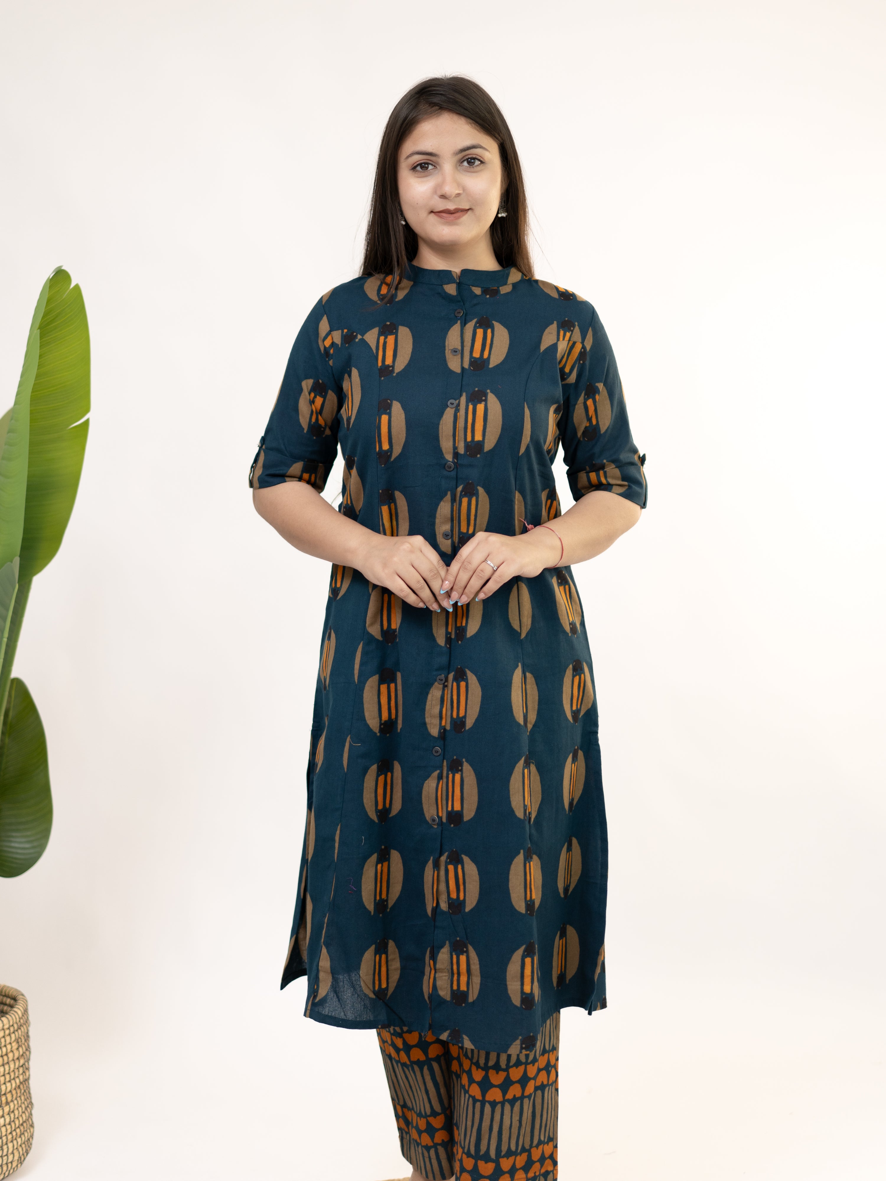 Ishani Peacock Blue Cotton A-line Kurta Set