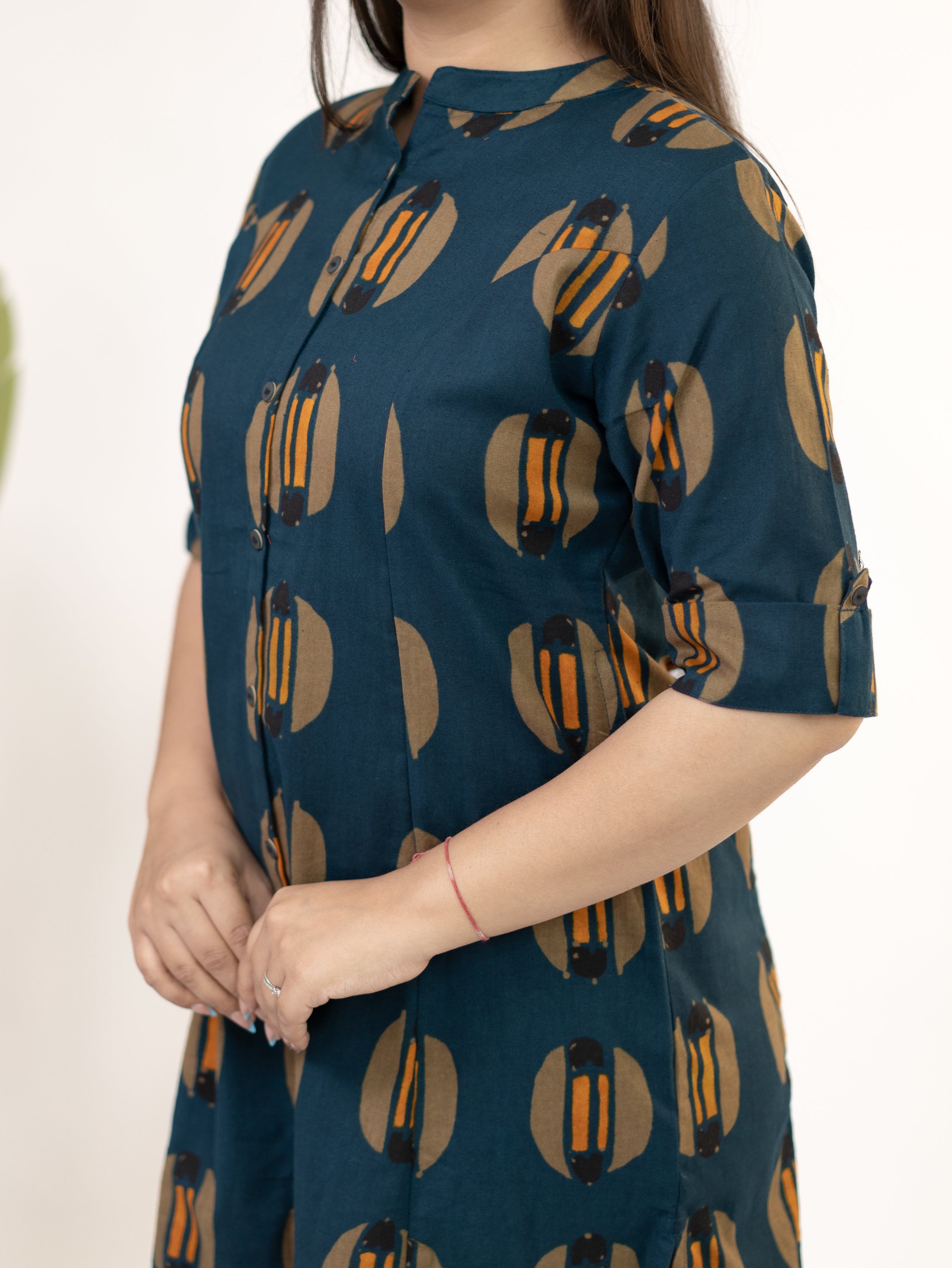 Ishani Peacock Blue Cotton A-line Kurta Set