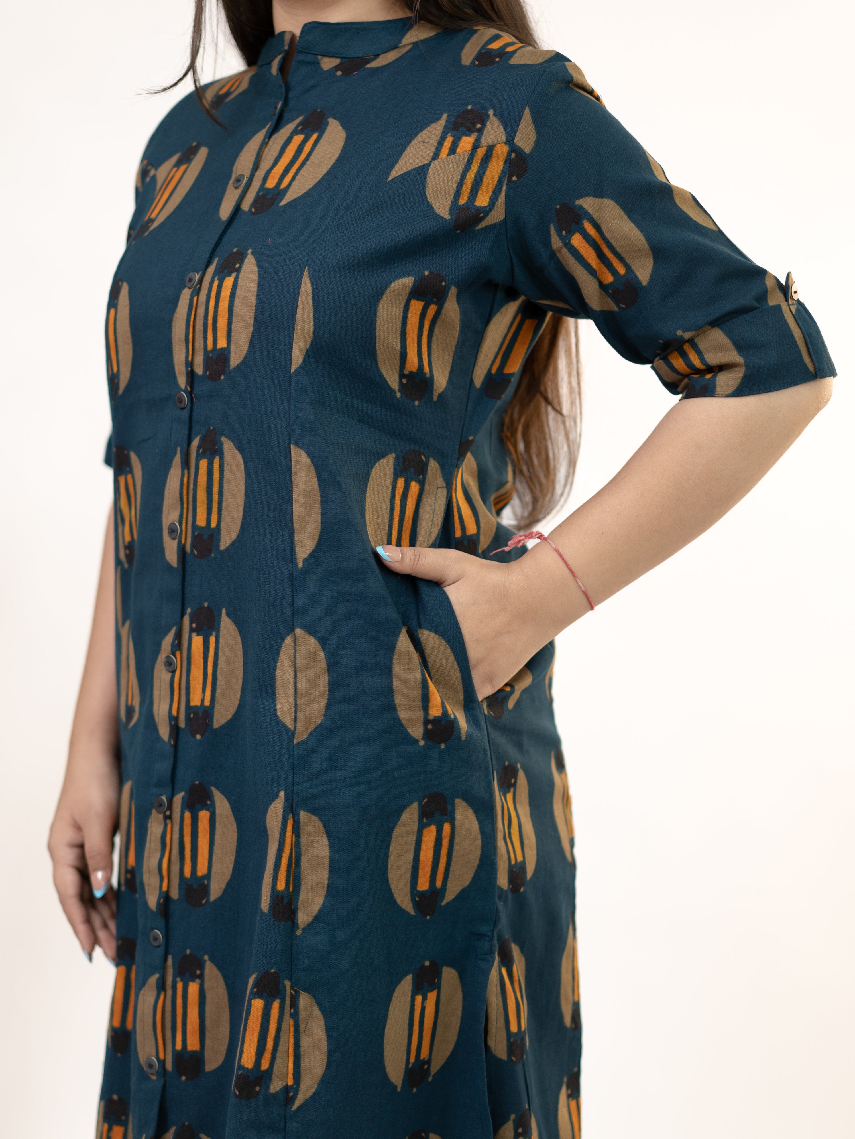 Ishani Peacock Blue Cotton A-line Kurta Set