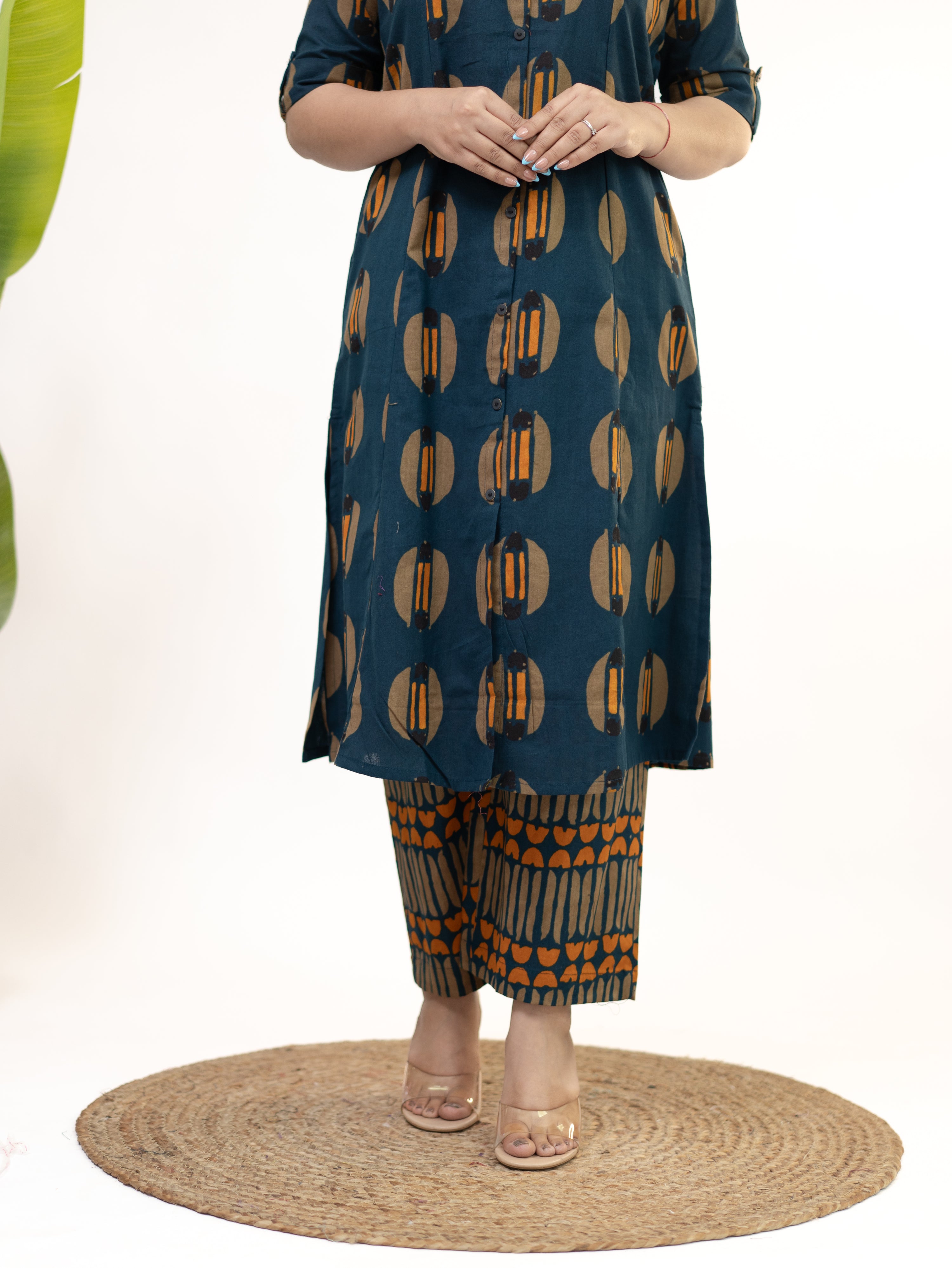 Ishani Peacock Blue Cotton A-line Kurta Set