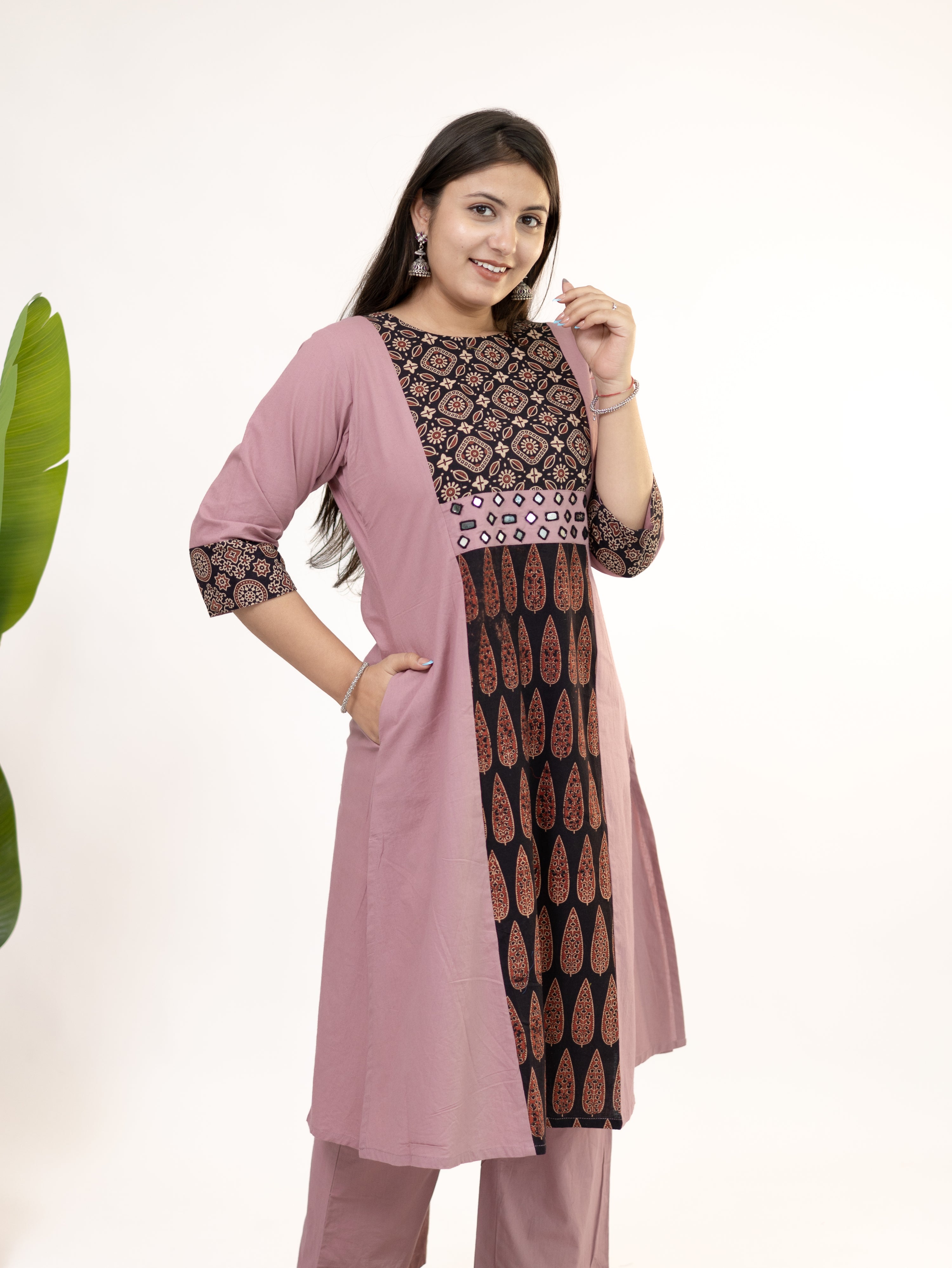 Heemali Pink Cotton Ajrakh Kutch Embroidered Kurta Set