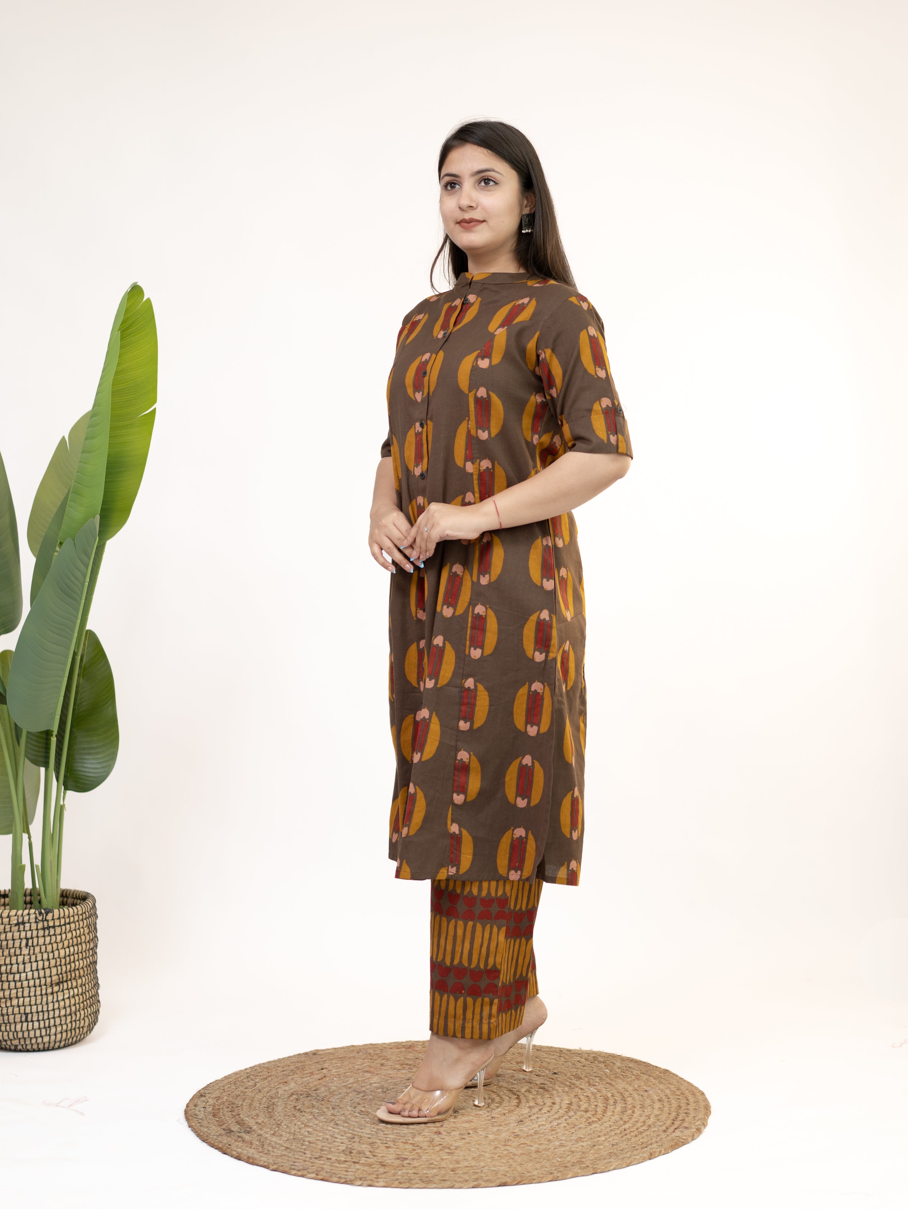 Ishani Brown Cotton A-line Kurta Set