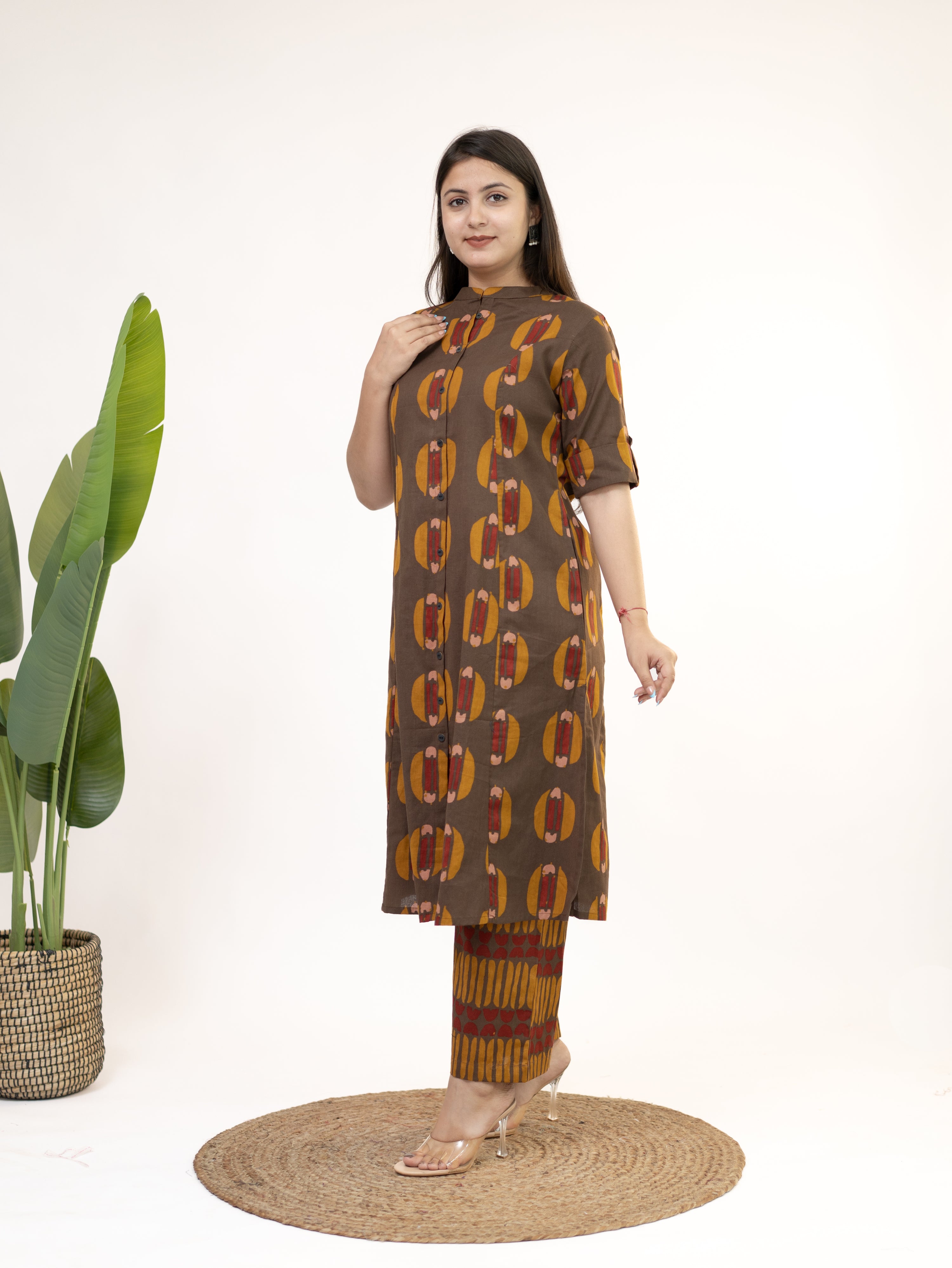 Ishani Brown Cotton A-line Kurta Set