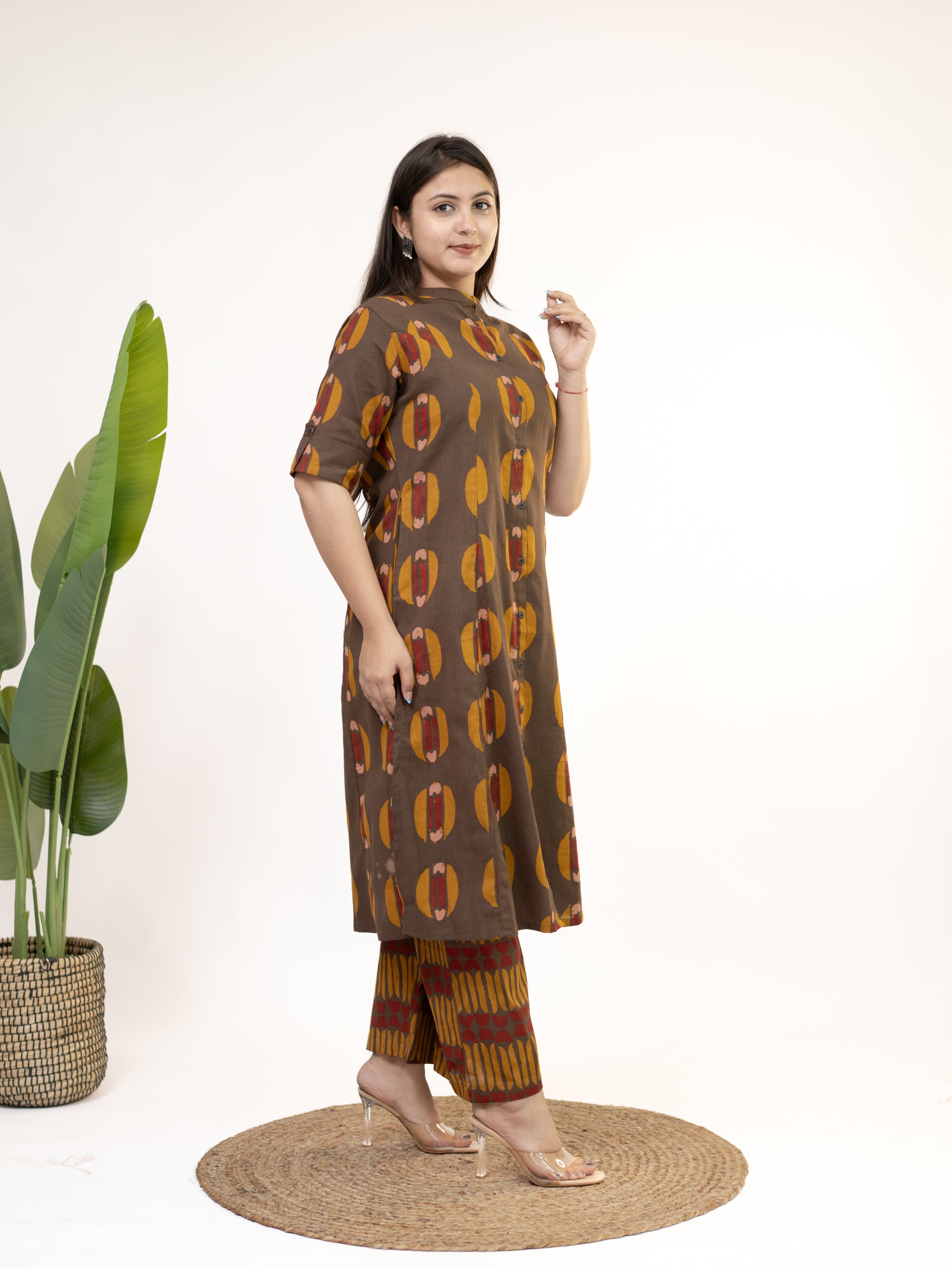 Ishani Brown Cotton A-line Kurta Set