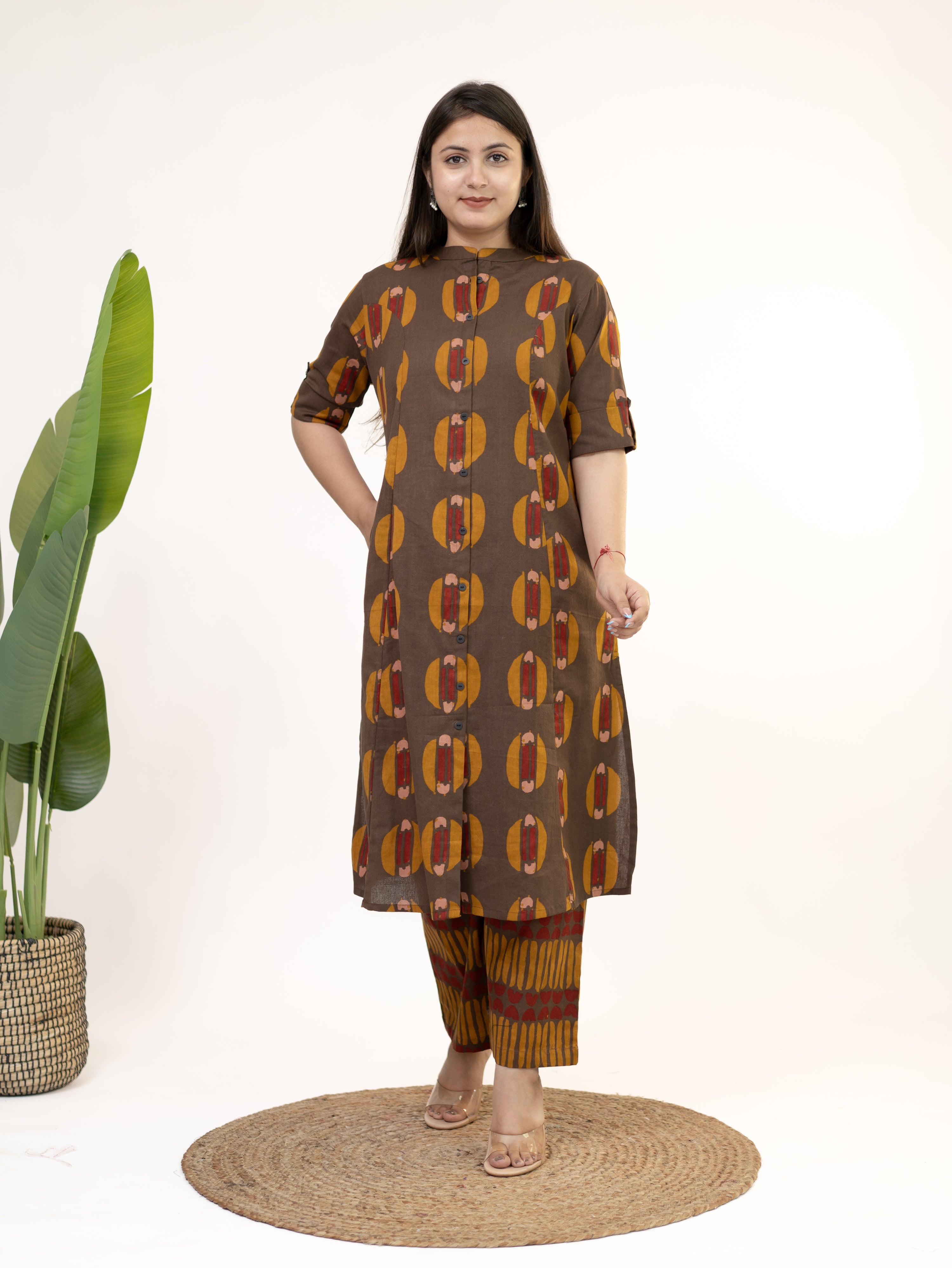 Ishani Brown Cotton A-line Kurta Set