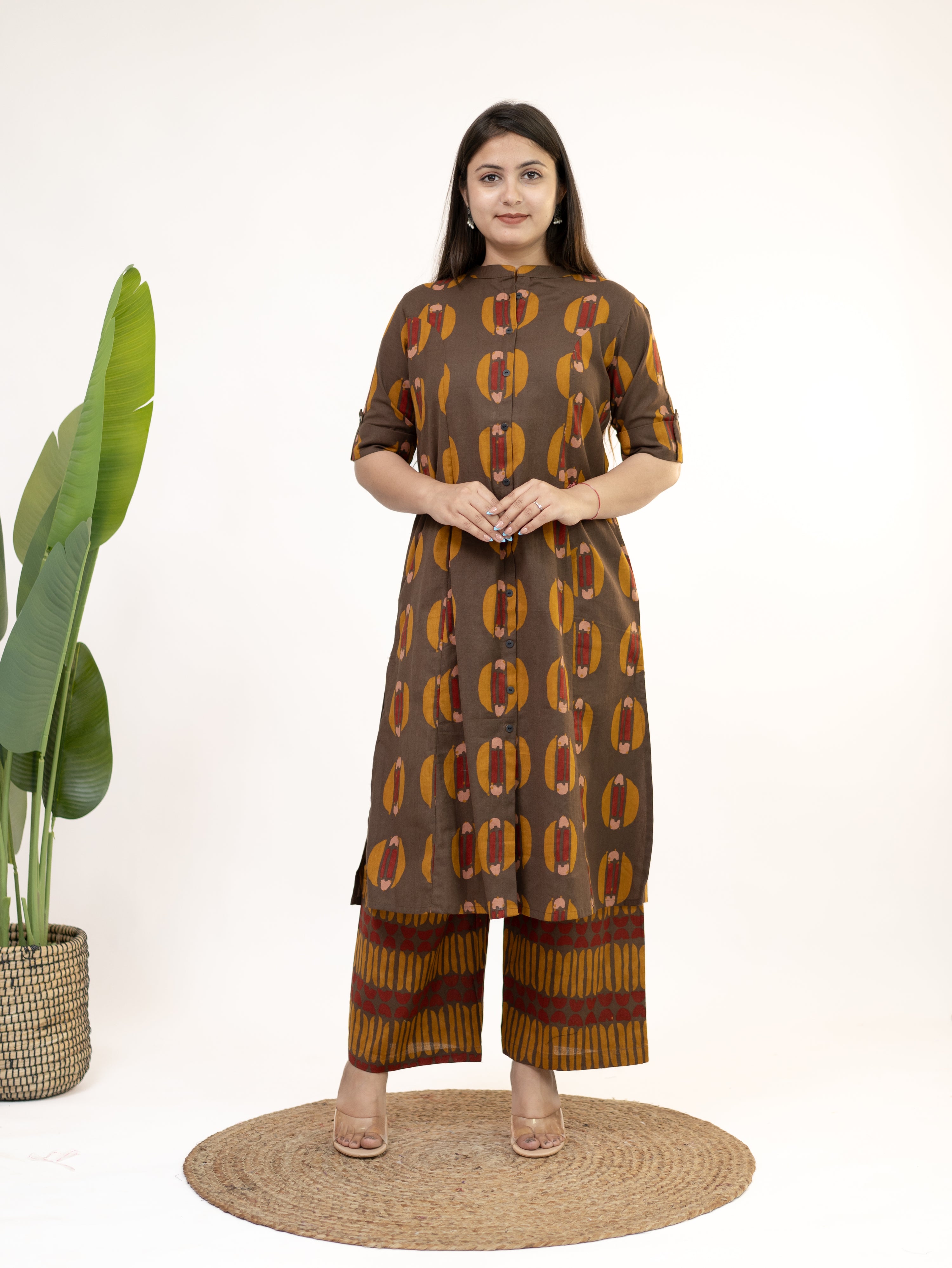 Ishani Brown Cotton A-line Kurta Set