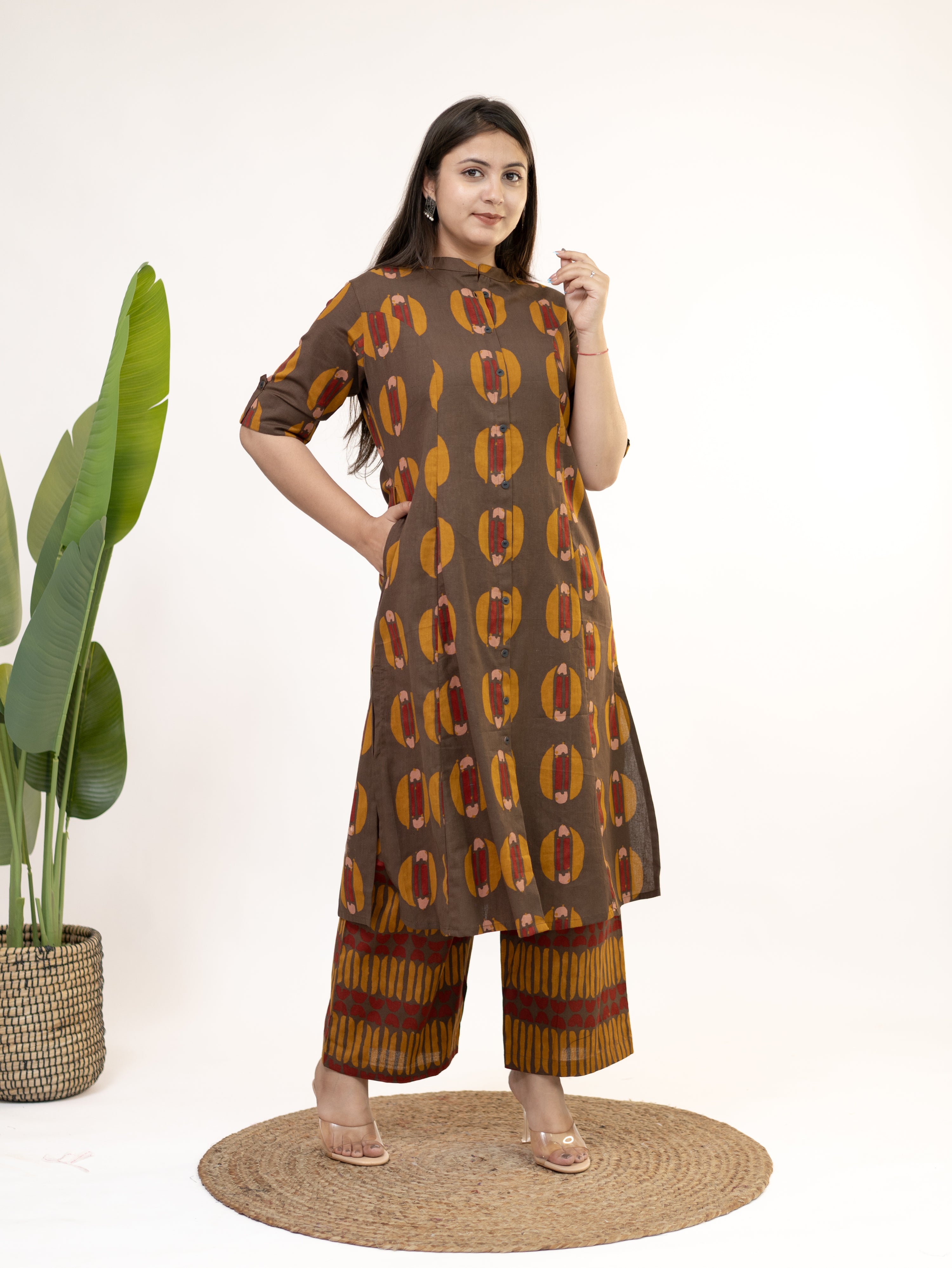 Ishani Brown Cotton A-line Kurta Set