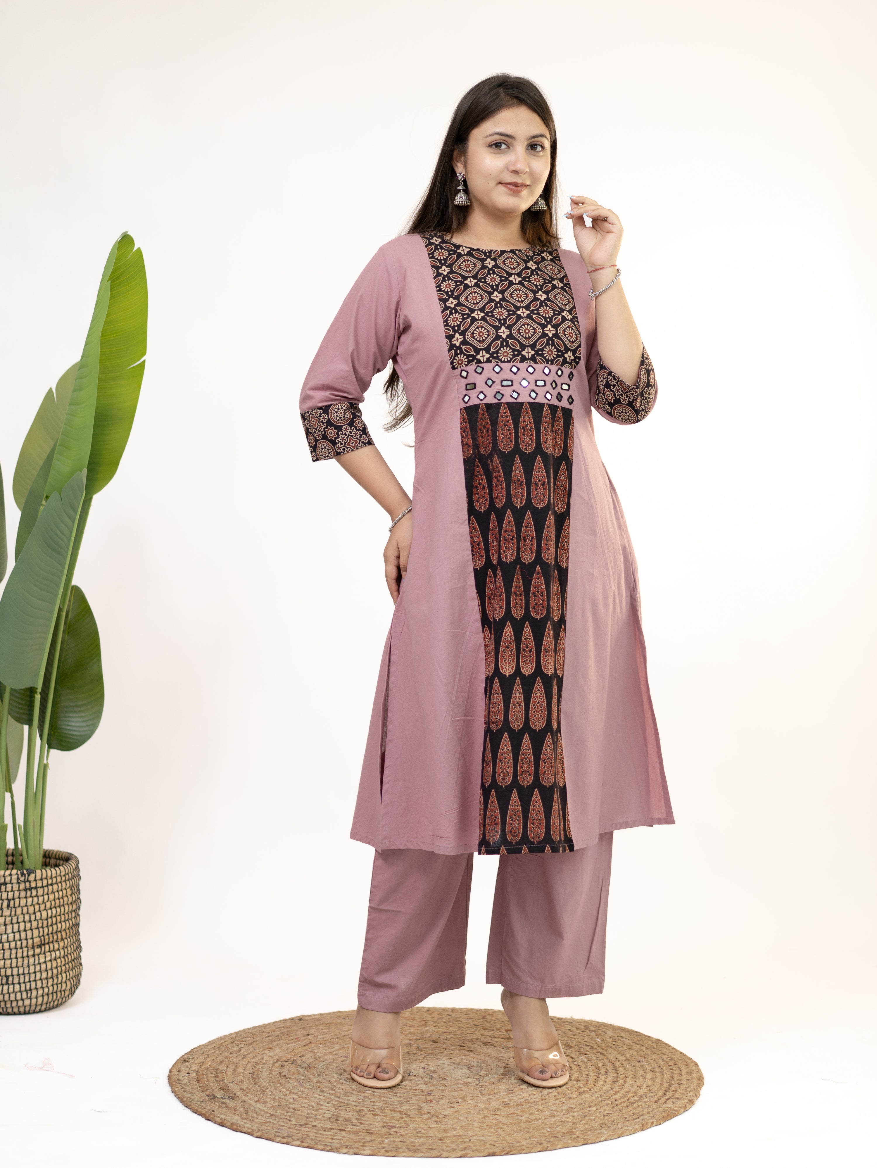 Heemali Pink Cotton Ajrakh Kutch Embroidered Kurta Set