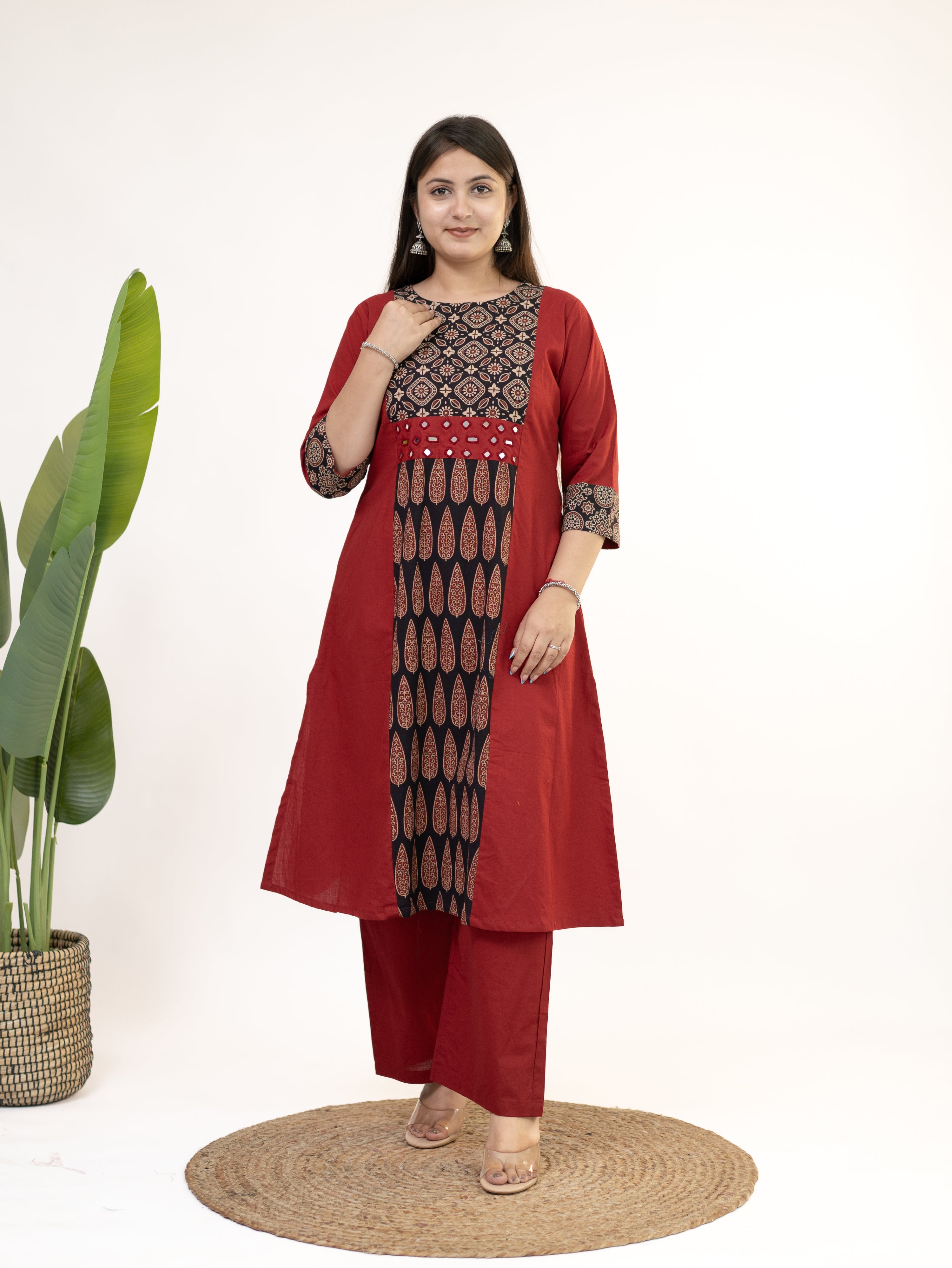 Heemali Red Cotton Ajrakh Kutch Embroidered Kurta Set