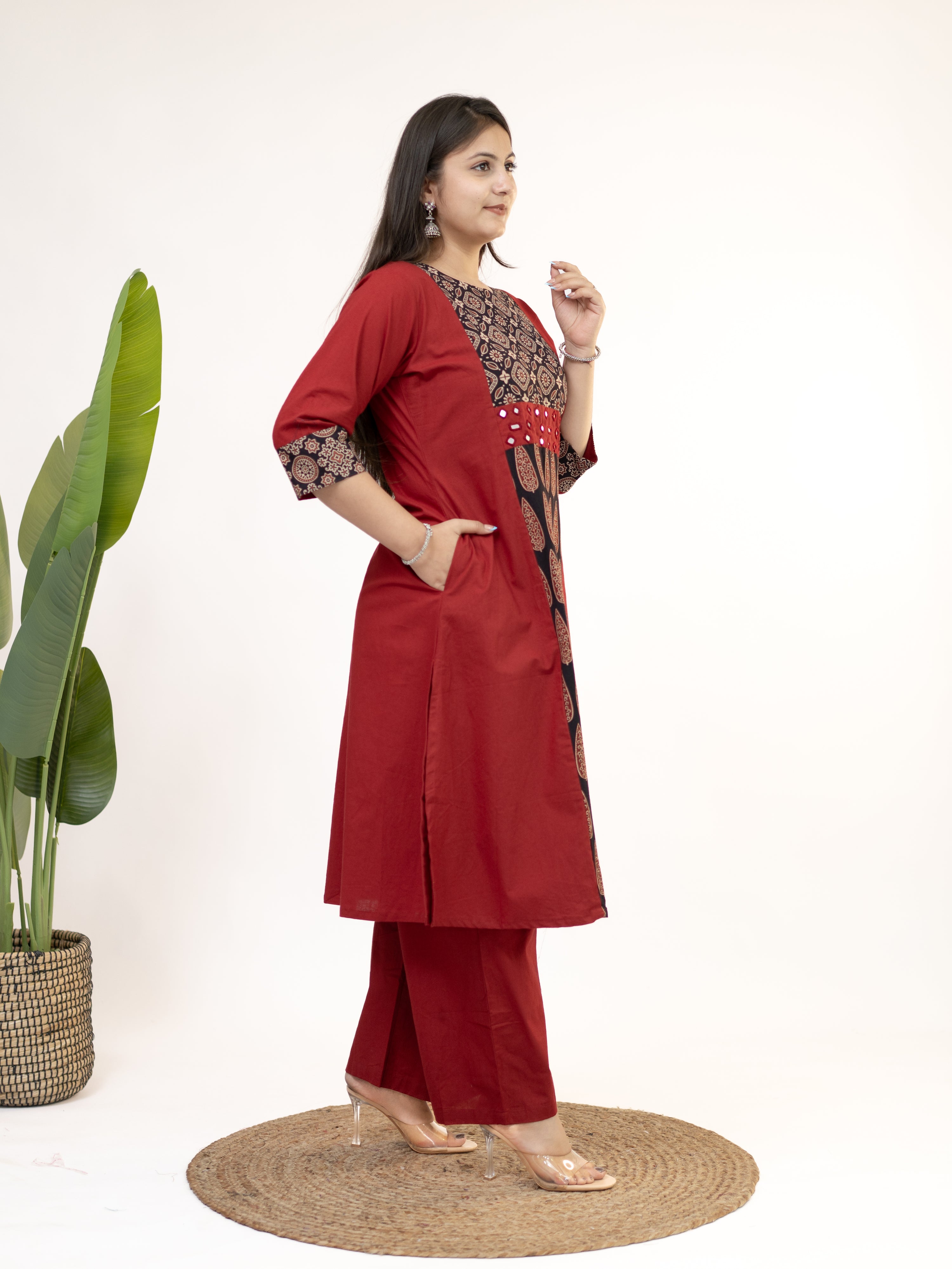 Heemali Red Cotton Ajrakh Kutch Embroidered Kurta Set