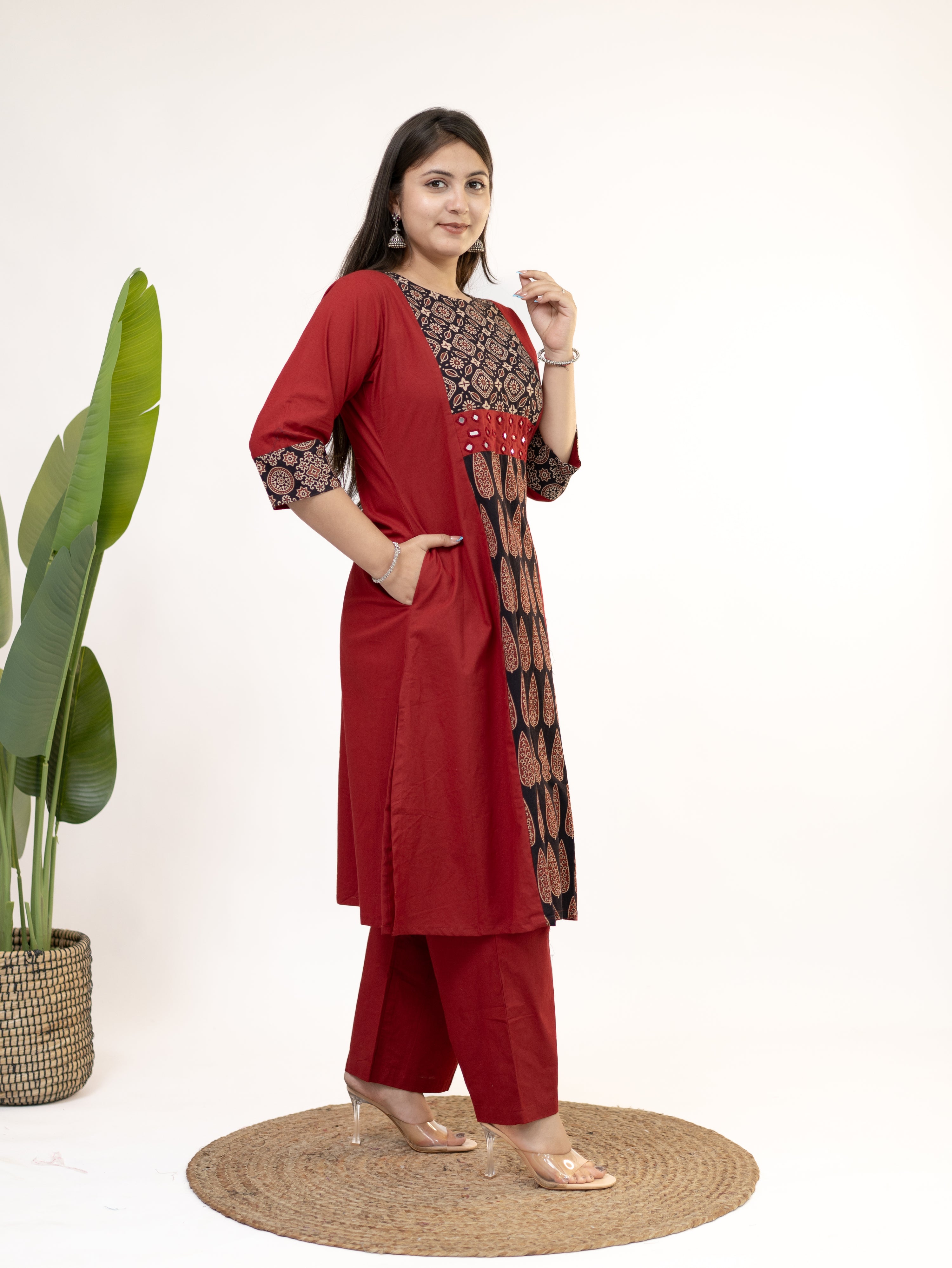 Heemali Red Cotton Ajrakh Kutch Embroidered Kurta Set
