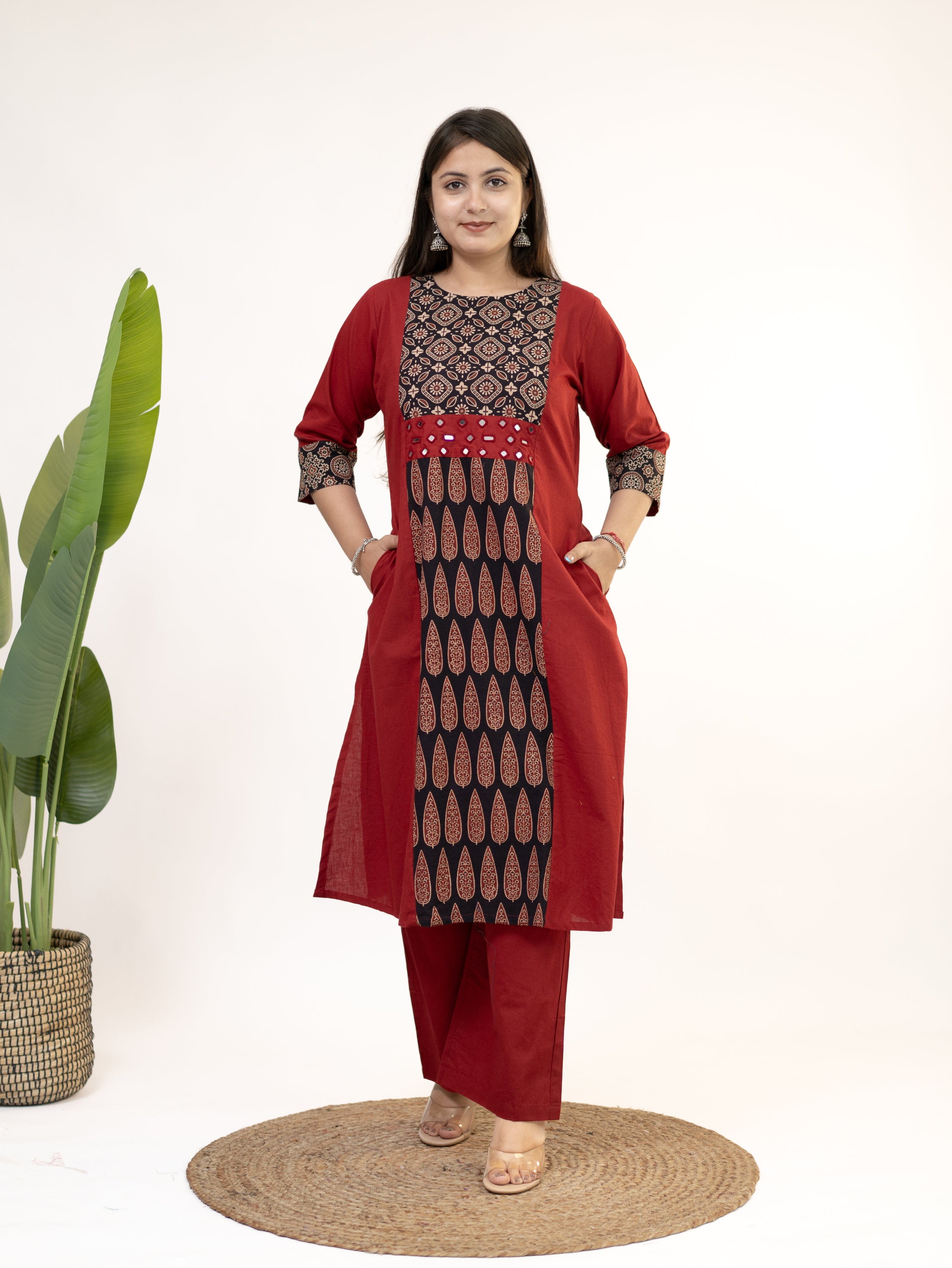 Heemali Red Cotton Ajrakh Kutch Embroidered Kurta Set