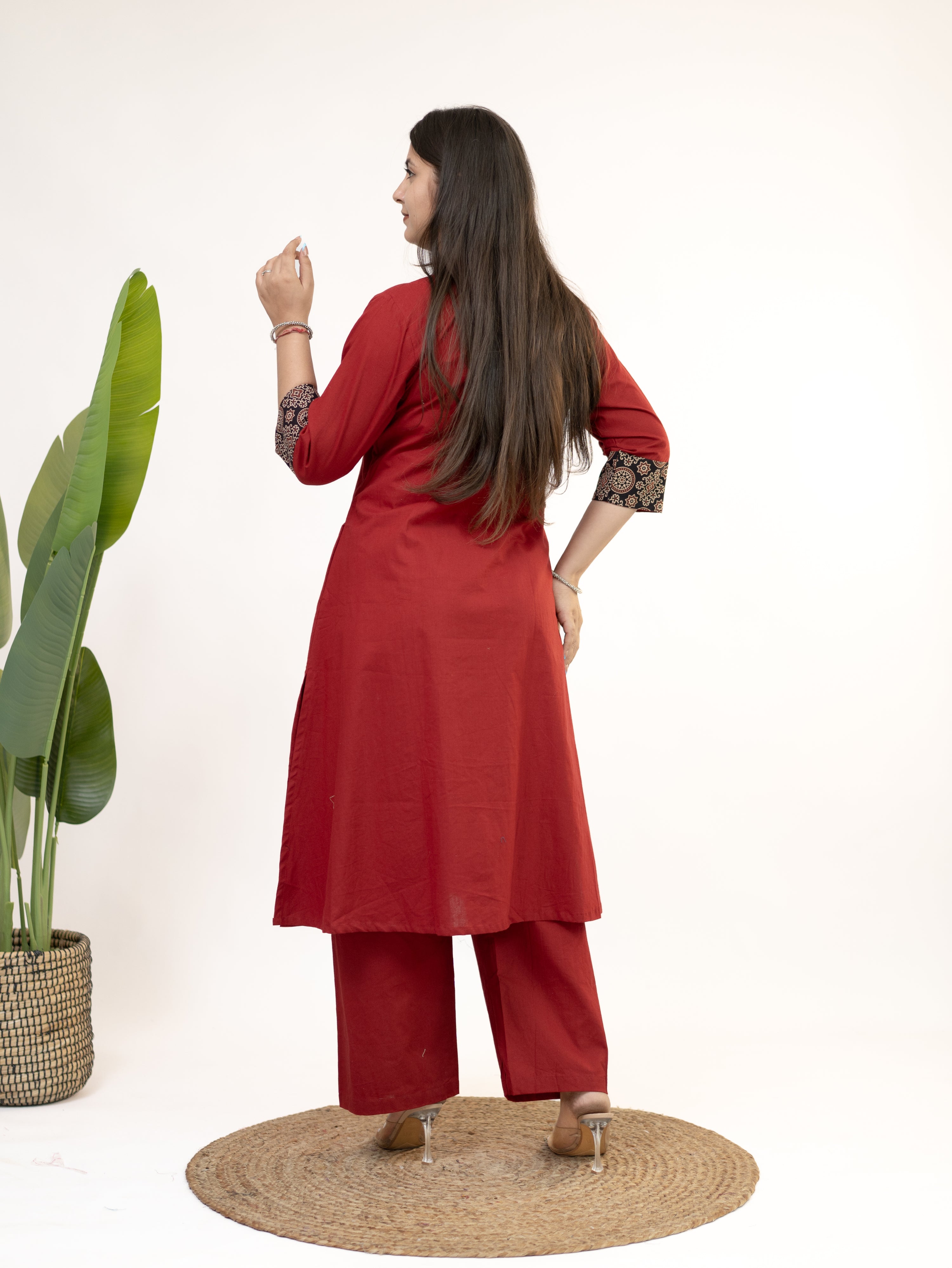 Heemali Red Cotton Ajrakh Kutch Embroidered Kurta Set