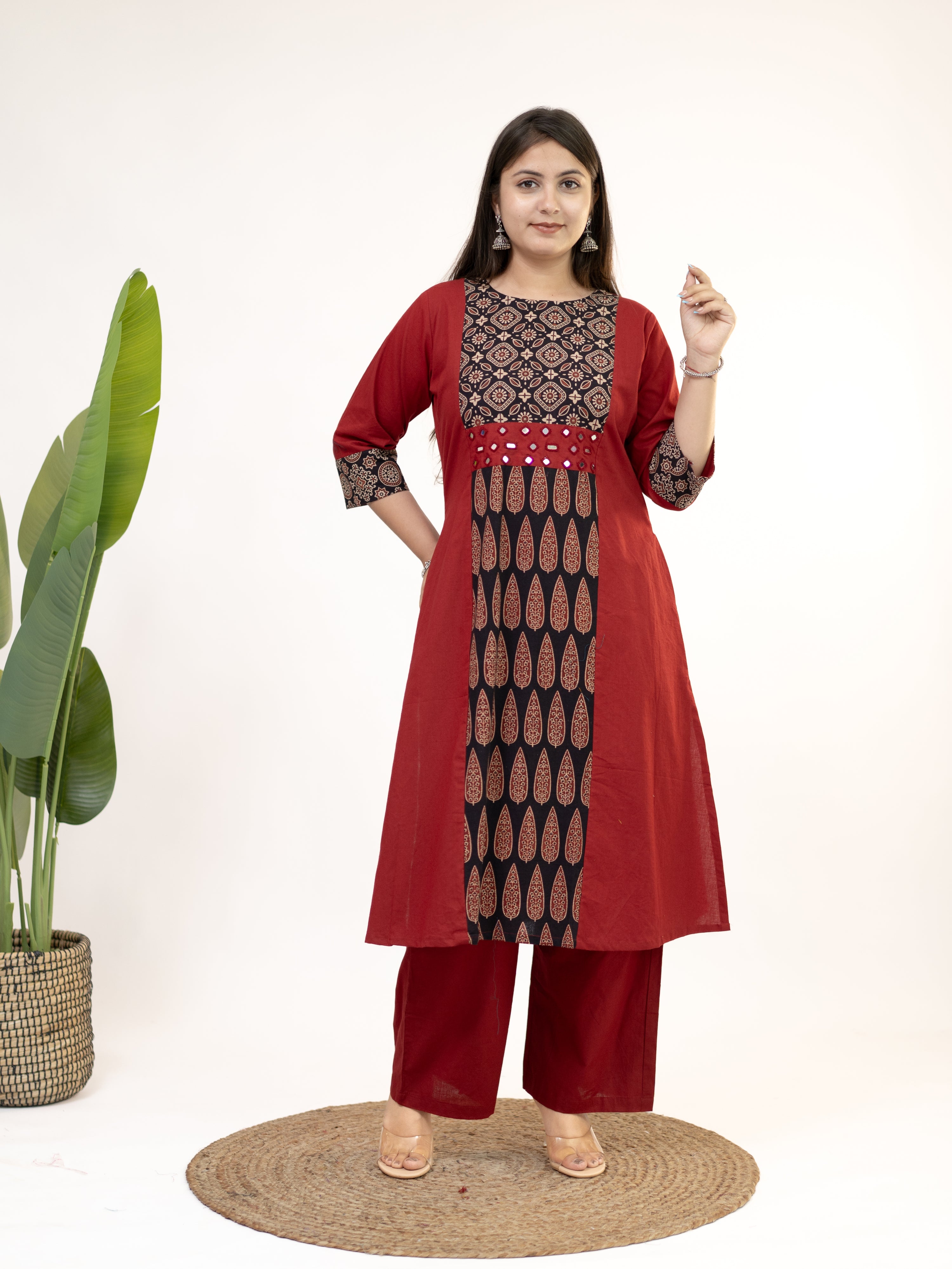 Heemali Red Cotton Ajrakh Kutch Embroidered Kurta Set