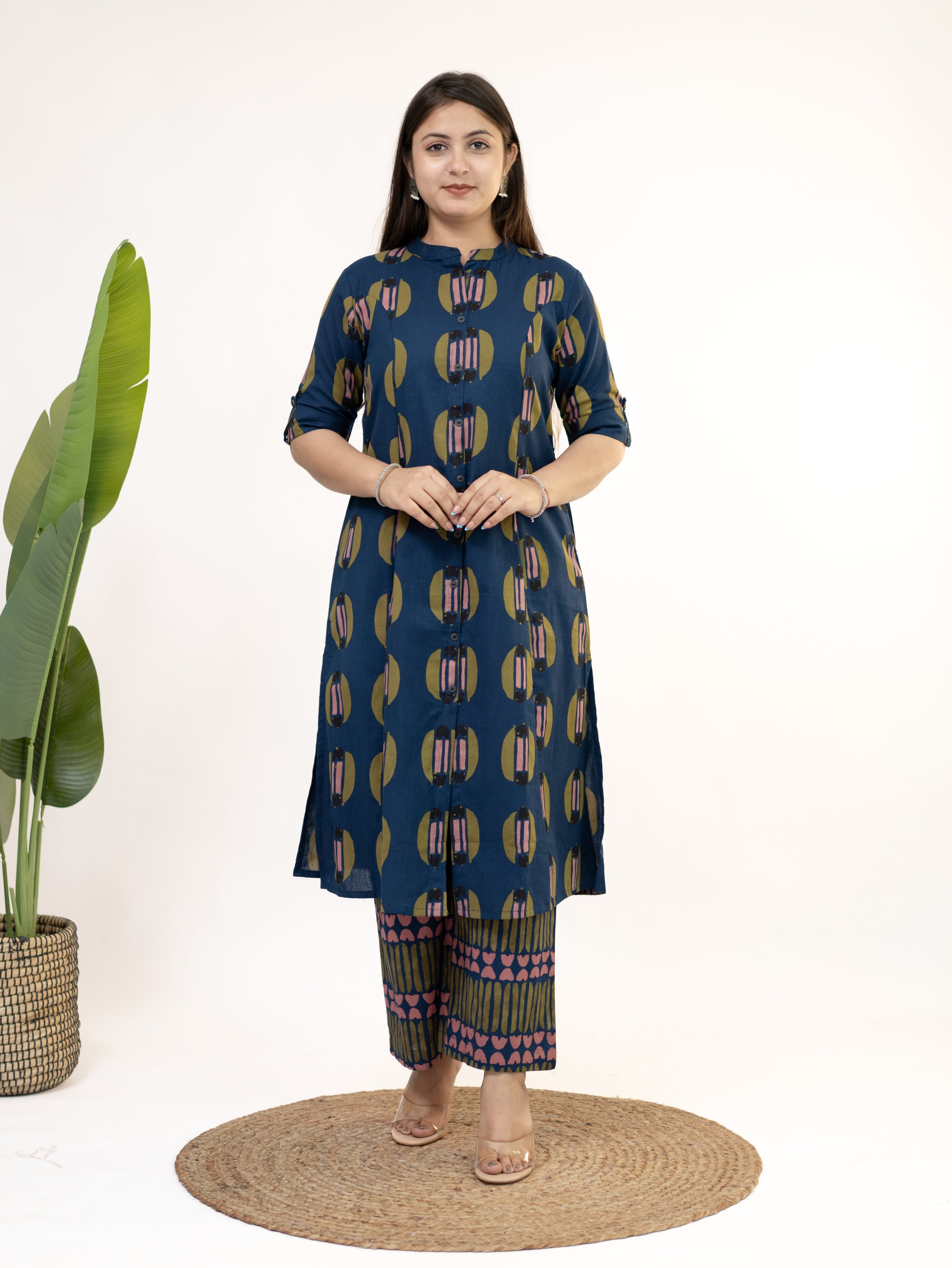 Ishani Navy Blue Cotton A-line Kurta Set
