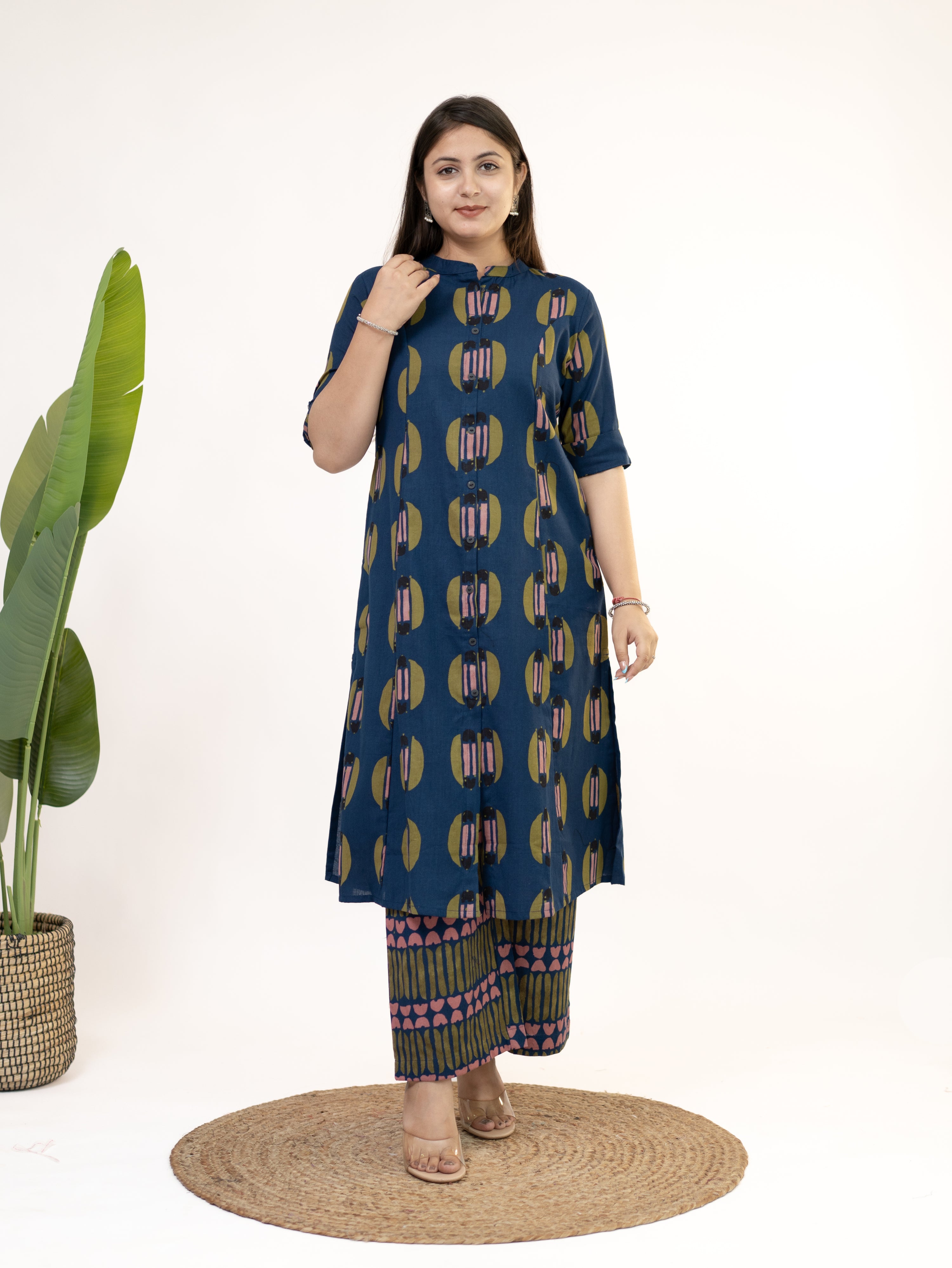 Ishani Navy Blue Cotton A-line Kurta Set